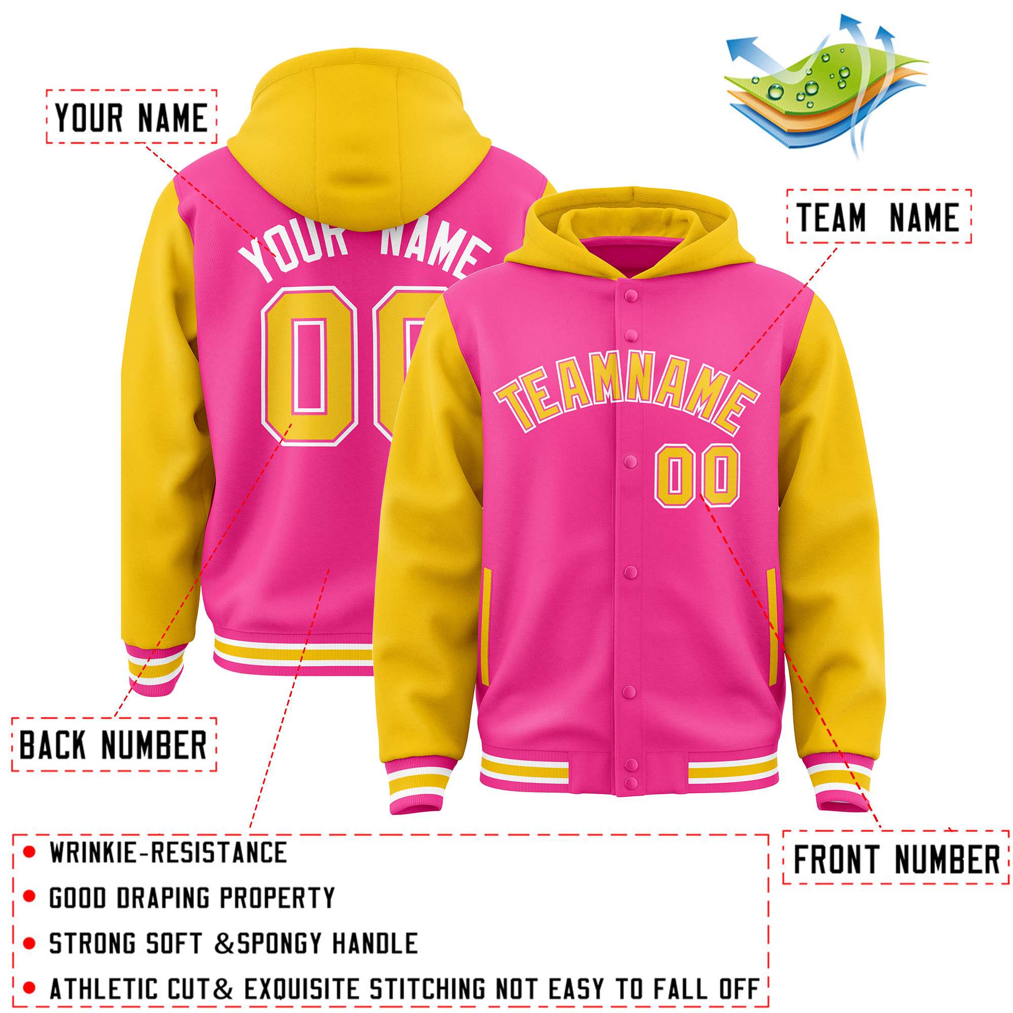 Custom Pink Gold Raglan Sleeves Varsity Full-Snap Letterman Two Tone Jacket Hoodie| KXKSHOP
