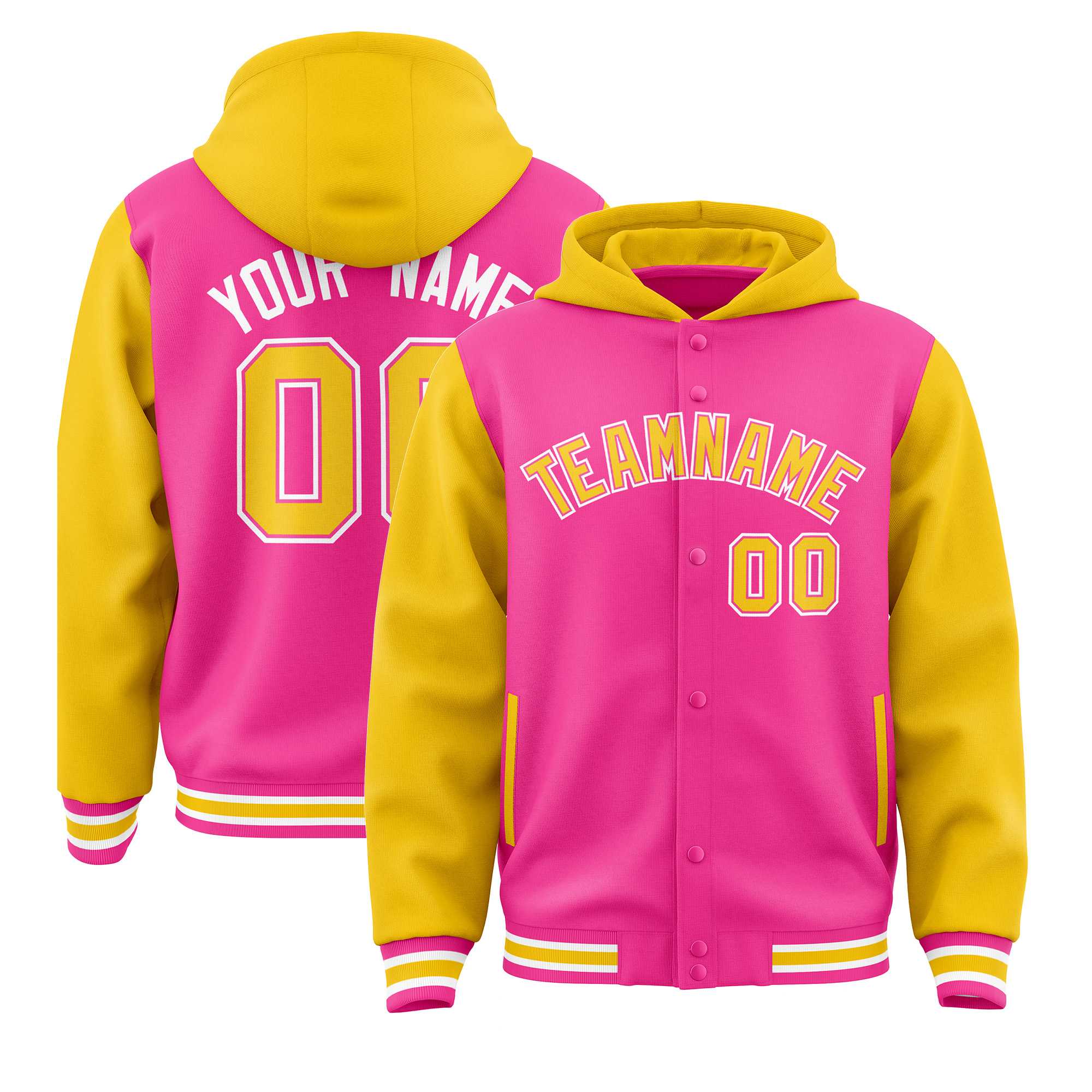 Custom Pink Gold Raglan Sleeves Varsity Full-Snap Letterman Two Tone Jacket Hoodie| KXKSHOP