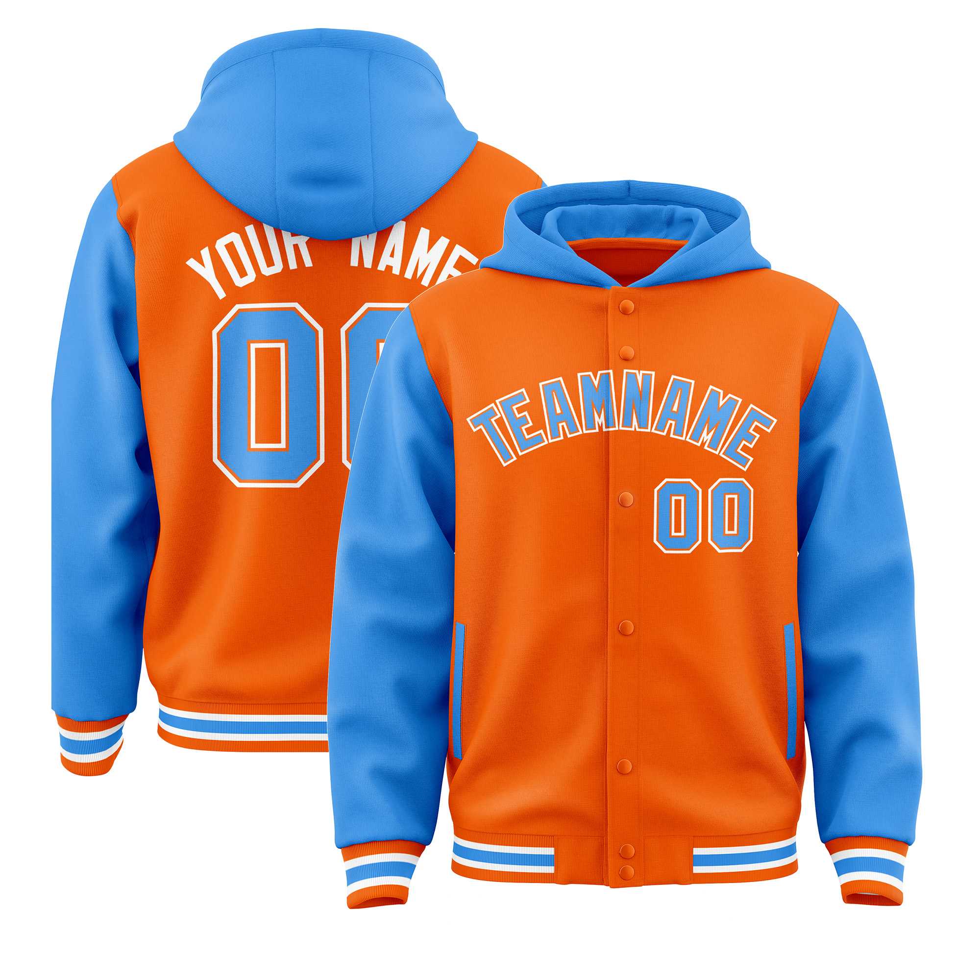 Custom Orange Powder Blue Raglan Sleeves Varsity Full-Snap Letterman Two Tone Jacket Hoodie| KXKSHOP
