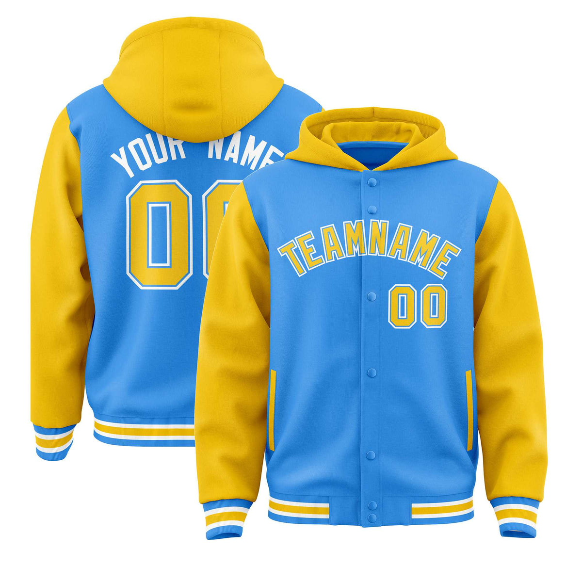 Custom Powder Blue Gold Raglan Sleeves Varsity Full-Snap Letterman Two Tone Jacket Hoodie| KXKSHOP