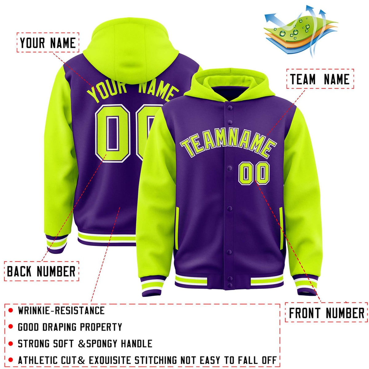 Custom Purple Neon Green Raglan Sleeves Varsity Full-Snap Letterman Two Tone Jacket Hoodie| KXKSHOP