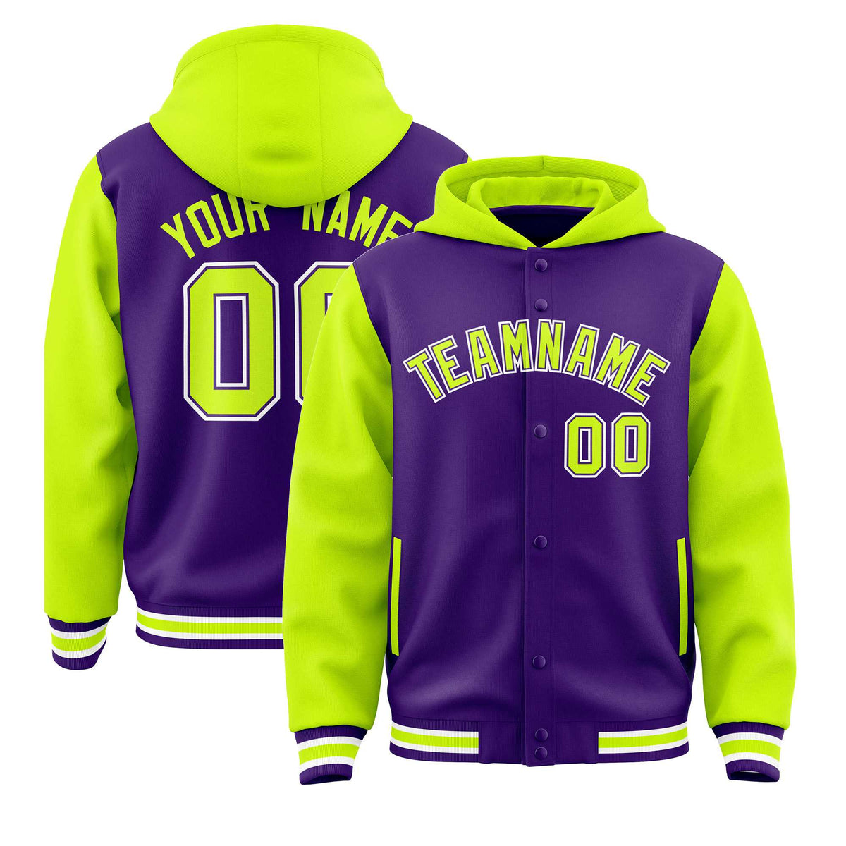 Custom Purple Neon Green Raglan Sleeves Varsity Full-Snap Letterman Two Tone Jacket Hoodie| KXKSHOP