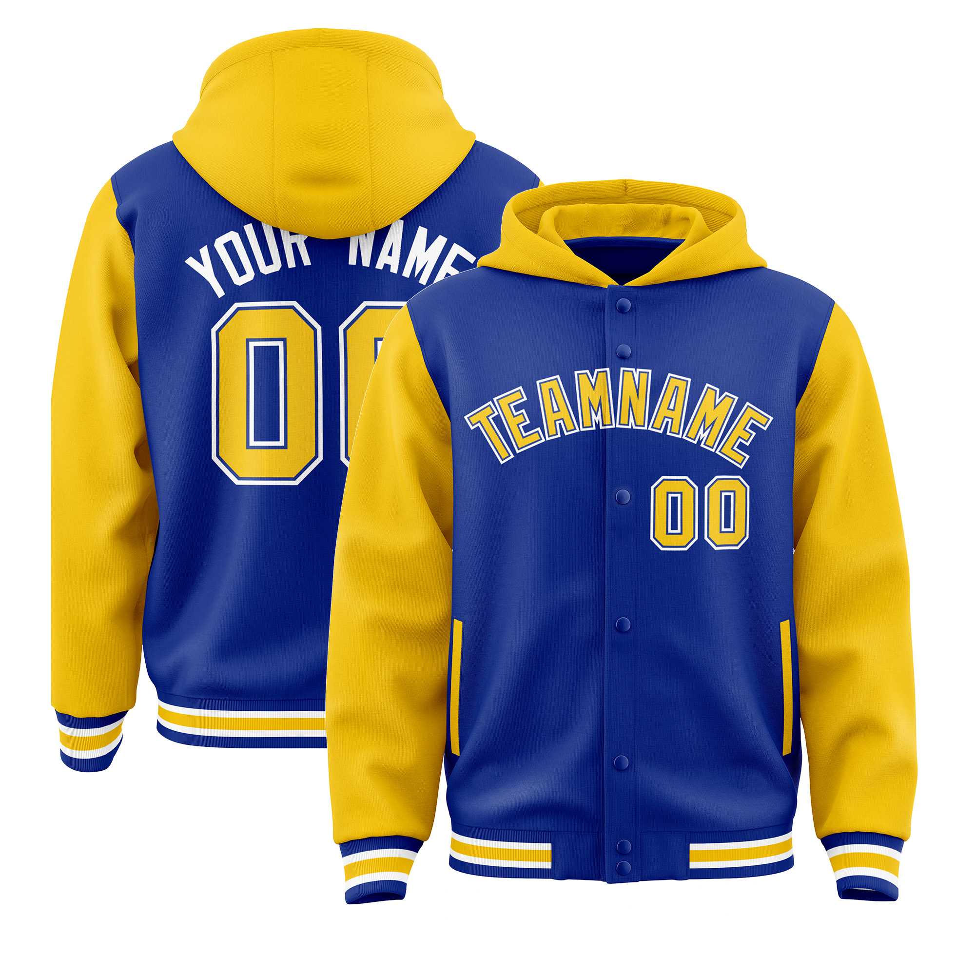 Custom Royal Gold Raglan Sleeves Varsity Full-Snap Letterman Two Tone Jacket Hoodie| KXKSHOP