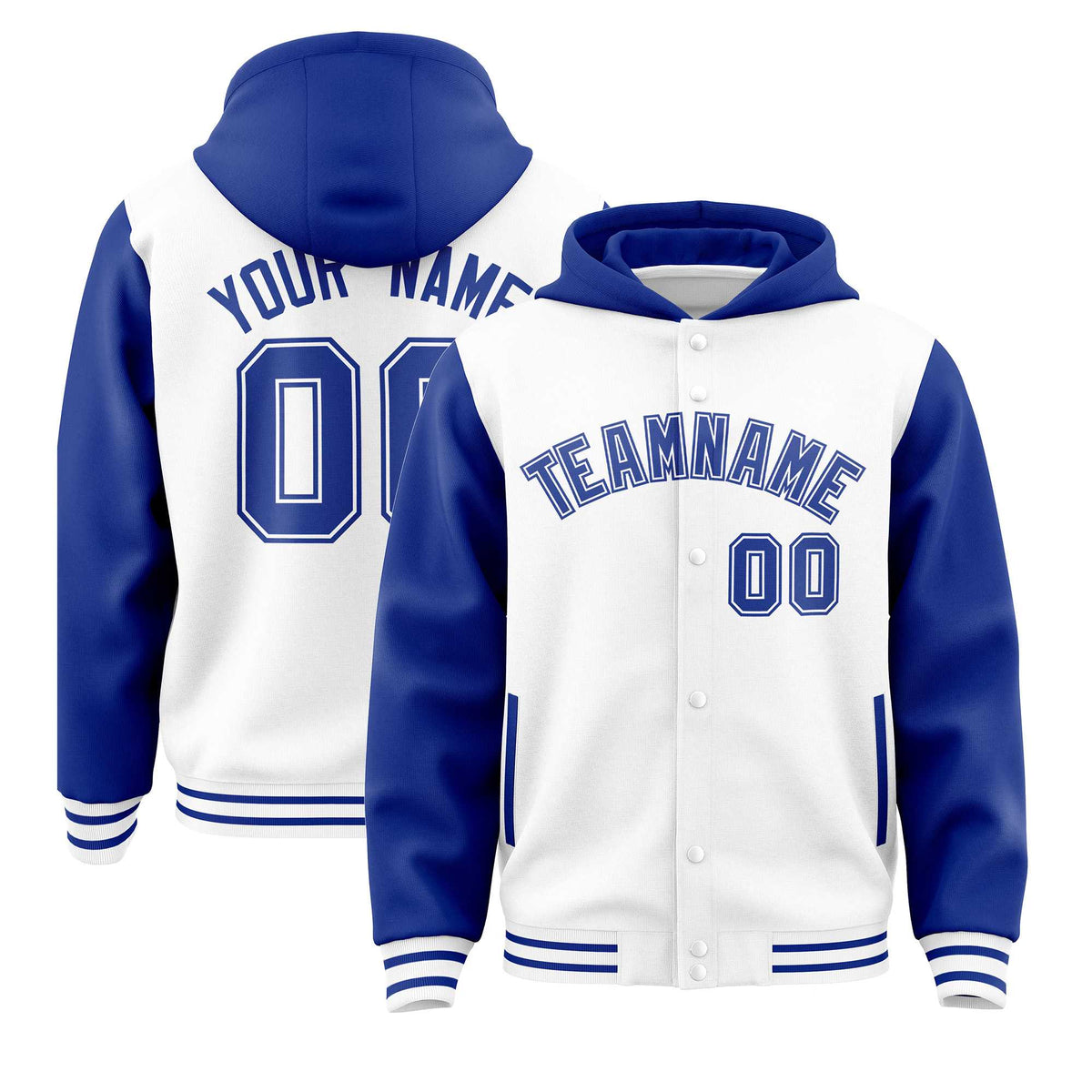 Custom White Royal Raglan Sleeves Varsity Full-Snap Letterman Two Tone Jacket Hoodie| KXKSHOP
