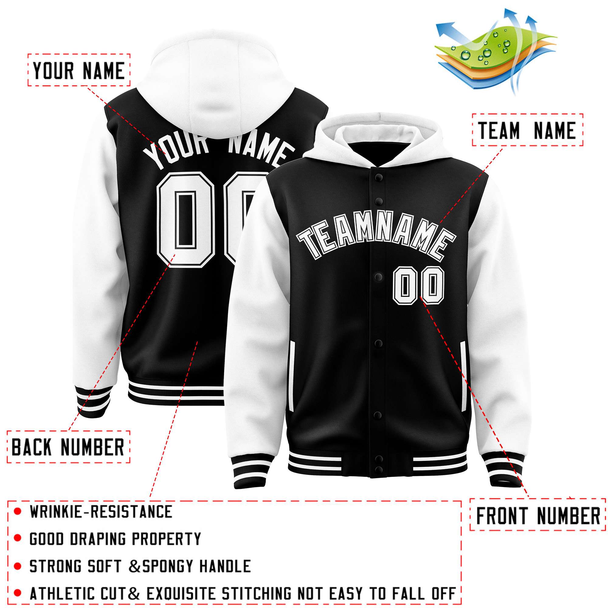 Custom Black White Raglan Sleeves Varsity Full-Snap Letterman Two Tone Jacket Hoodie| KXKSHOP