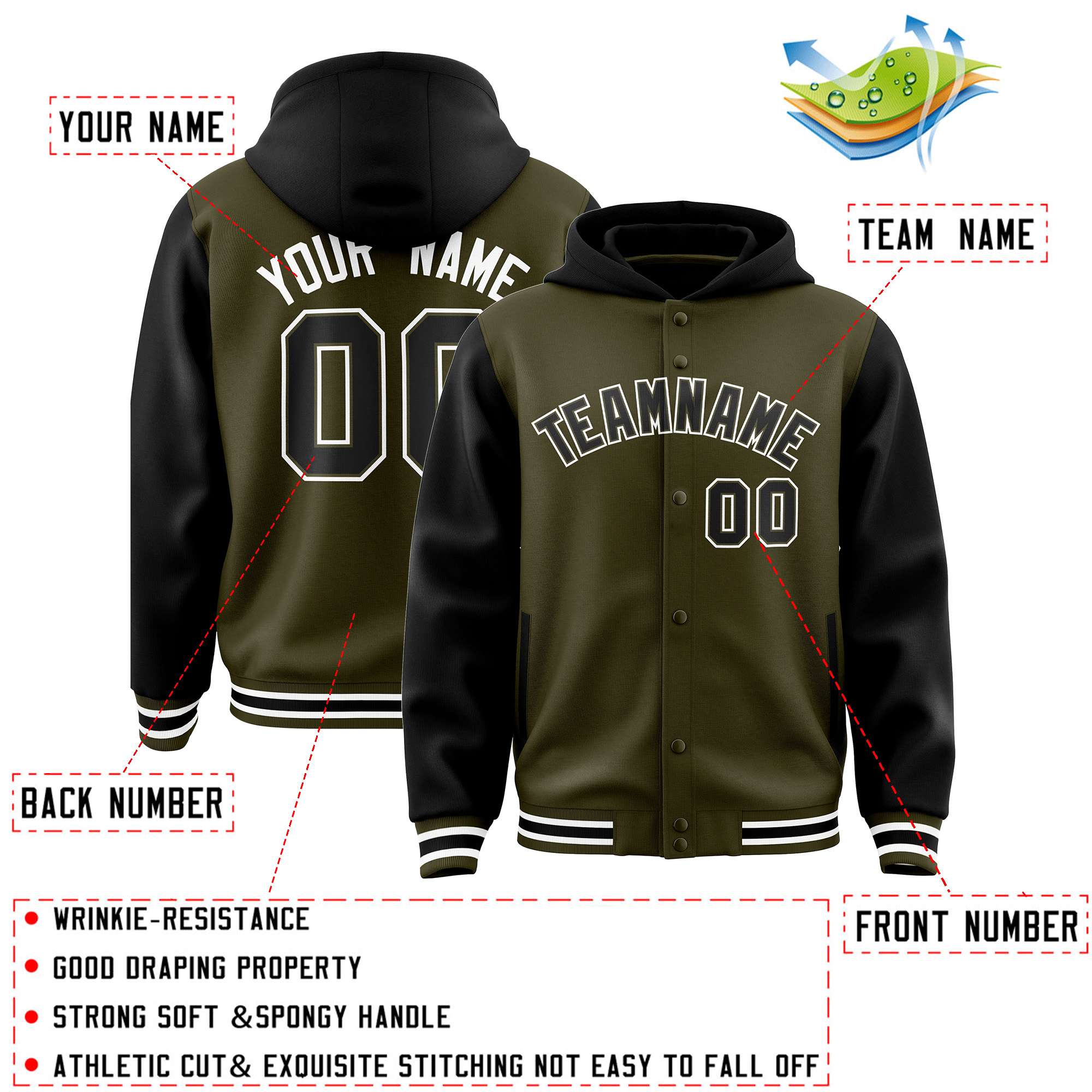 Custom Olive Black Raglan Sleeves Varsity Full-Snap Letterman Two Tone Jacket Hoodie| KXKSHOP