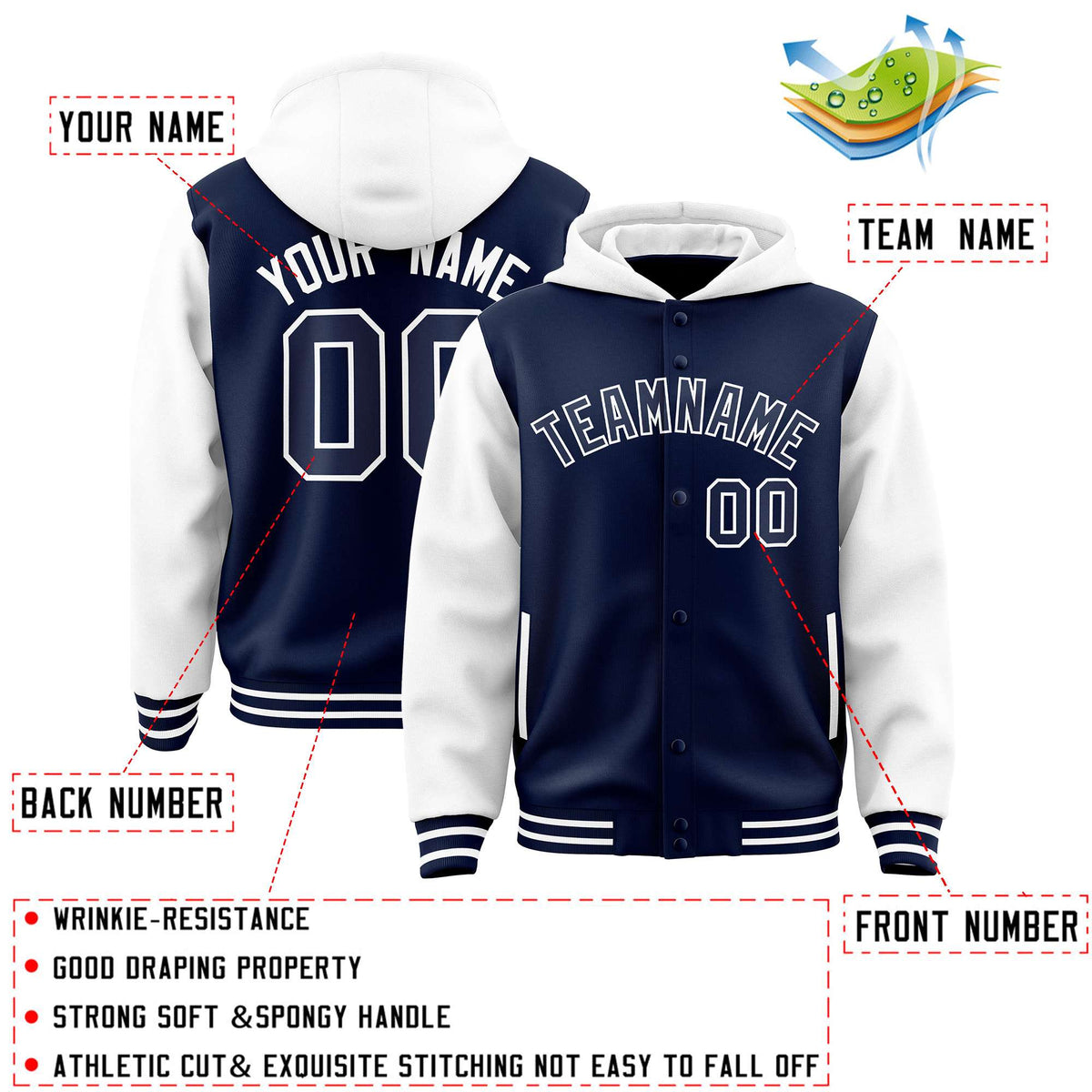 Custom Navy White Raglan Sleeves Varsity Full-Snap Letterman Two Tone Jacket Hoodie| KXKSHOP