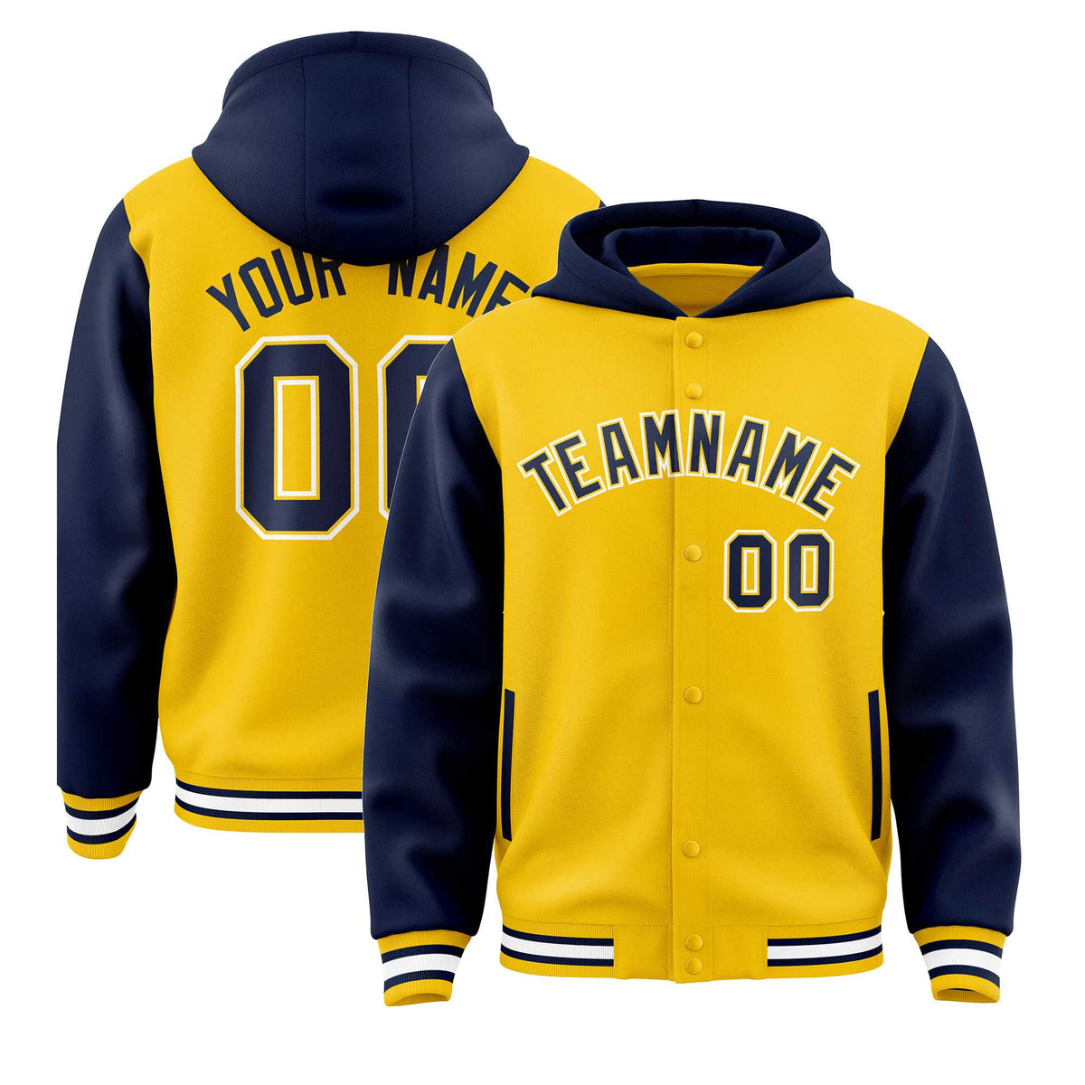 Custom Gold Navy Raglan Sleeves Varsity Full-Snap Letterman Two Tone Jacket Hoodie| KXKSHOP