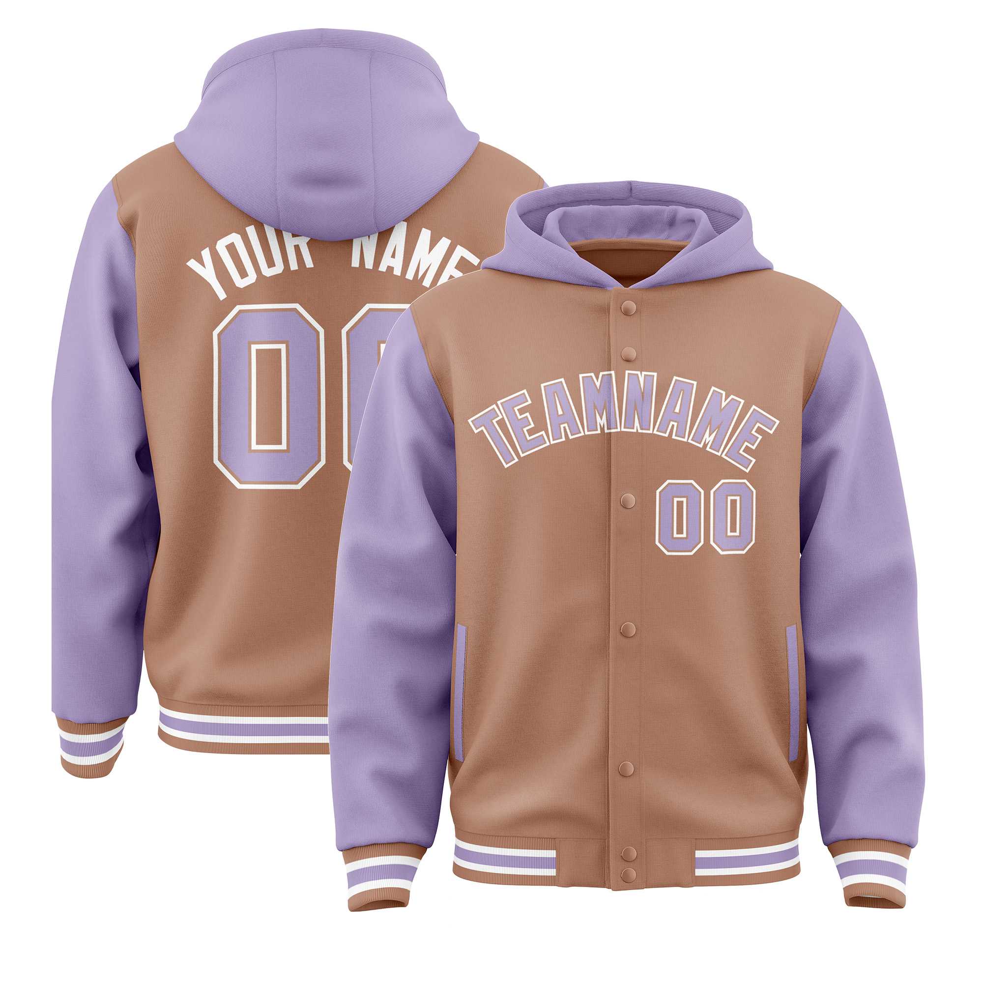 Custom Teabrown Light Purple Raglan Sleeves Varsity Full-Snap Letterman Two Tone Jacket Hoodie| KXKSHOP