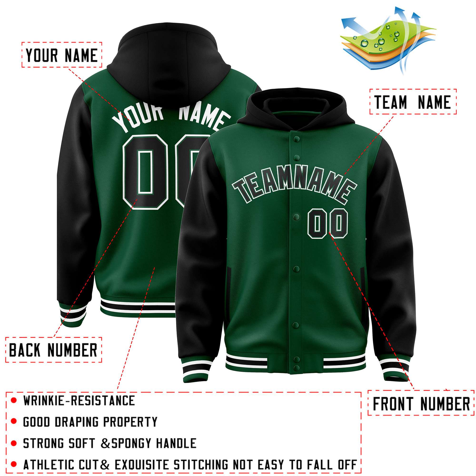 Custom Green Black Raglan Sleeves Varsity Full-Snap Letterman Two Tone Jacket Hoodie| KXKSHOP