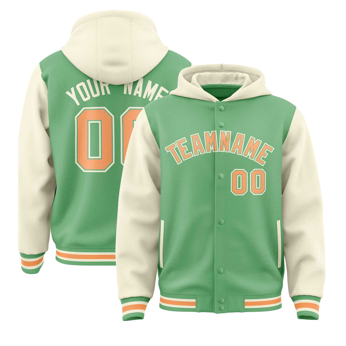 Custom Green Cream Raglan Sleeves Varsity Full-Snap Letterman Two Tone Jacket Hoodie| KXKSHOP