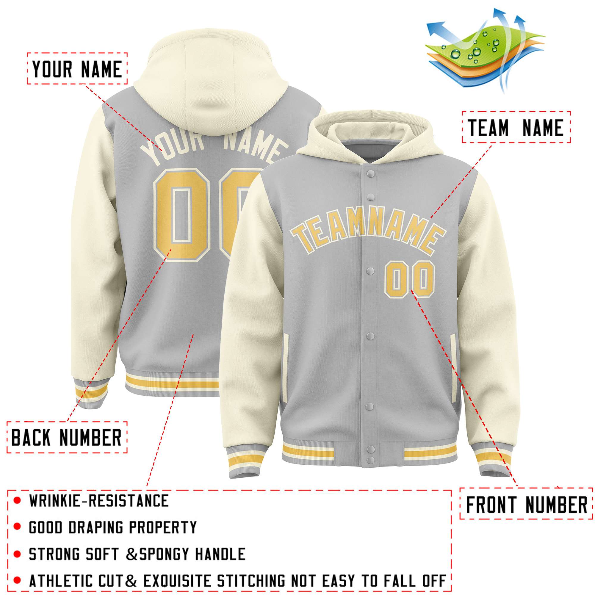 Custom Gray Cream Raglan Sleeves Varsity Full-Snap Letterman Two Tone Jacket Hoodie| KXKSHOP