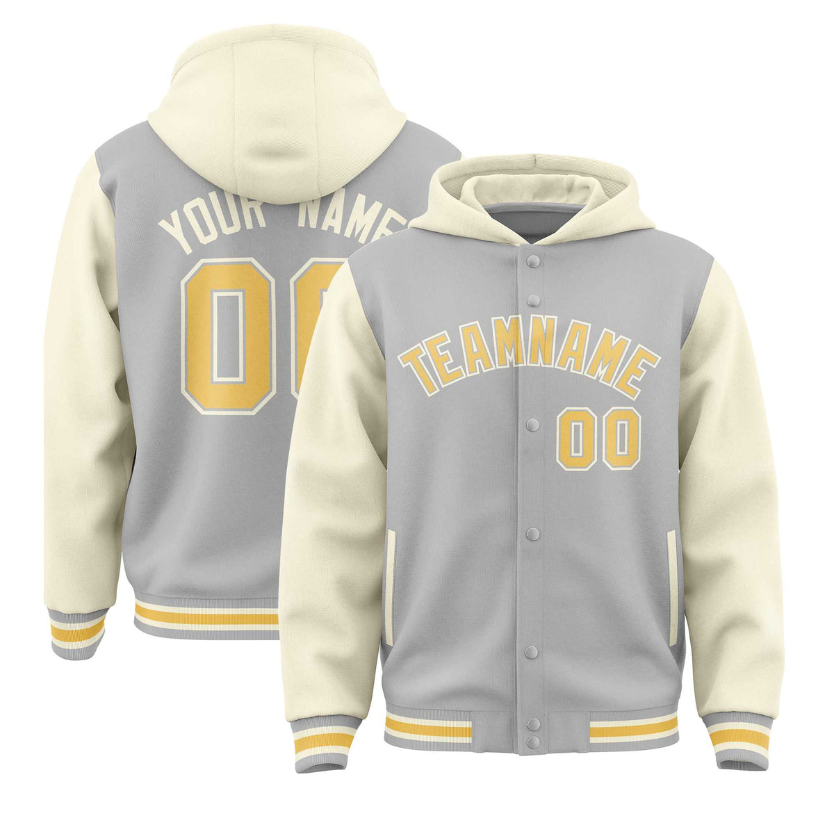 Custom Gray Cream Raglan Sleeves Varsity Full-Snap Letterman Two Tone Jacket Hoodie| KXKSHOP
