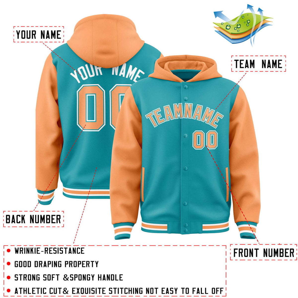 Custom Aqua Orange Raglan Sleeves Varsity Full-Snap Letterman Two Tone Jacket Hoodie| KXKSHOP