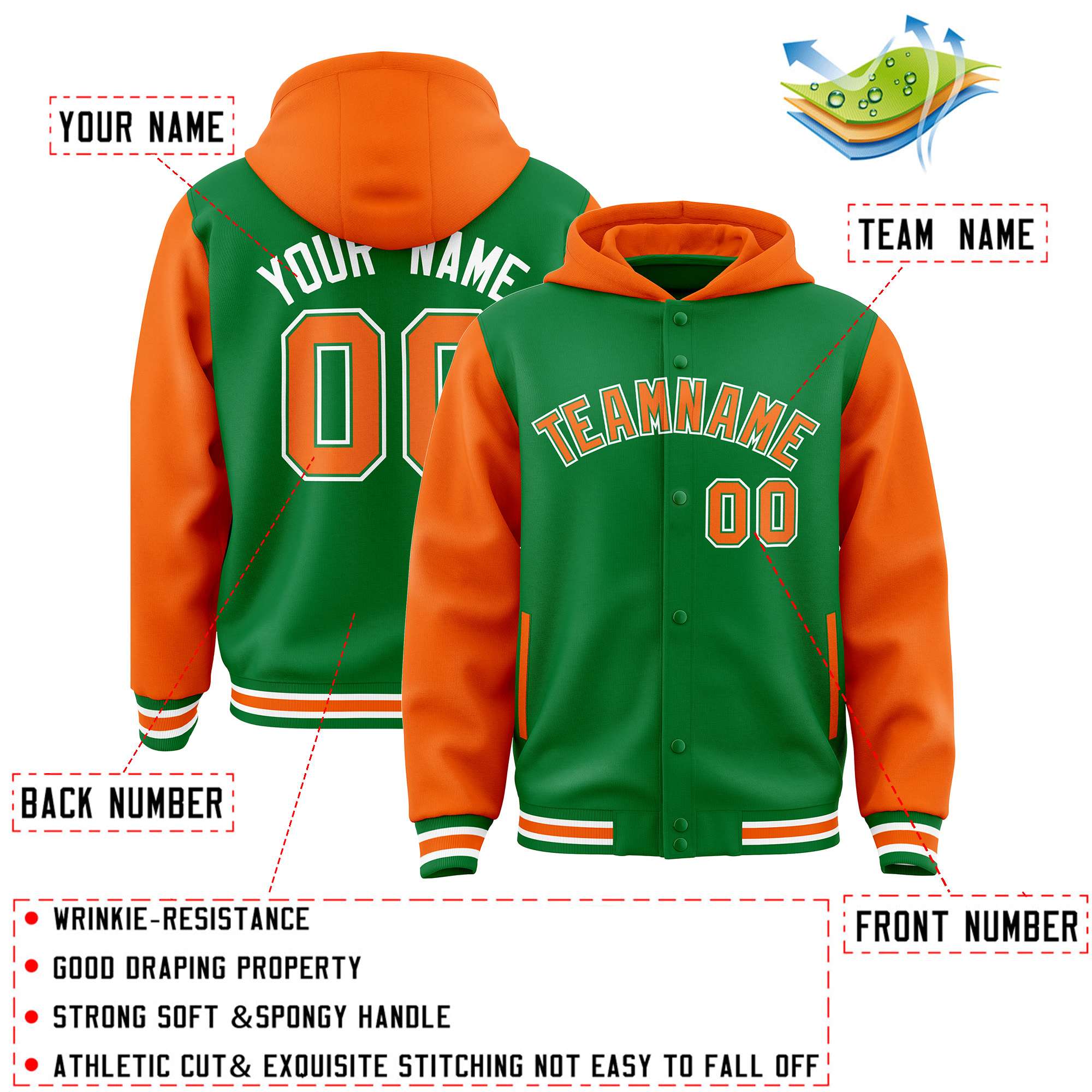 Custom Kelly Green Orange Raglan Sleeves Varsity Full-Snap Letterman Two Tone Jacket Hoodie| KXKSHOP