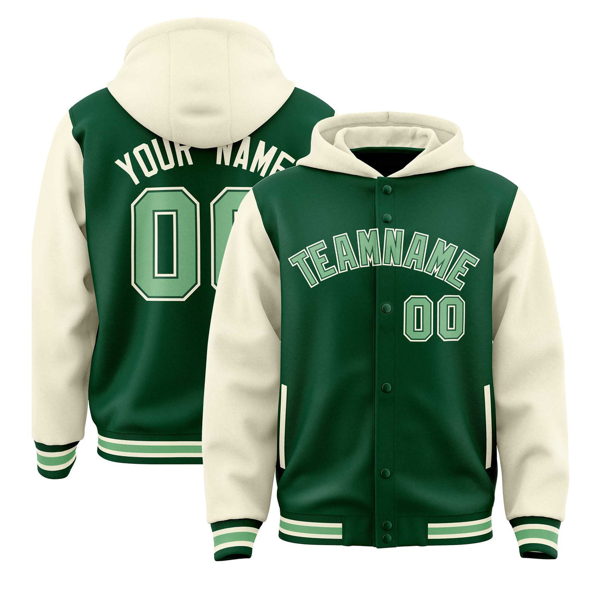 Custom Green Cream Raglan Sleeves Varsity Full-Snap Letterman Two Tone Jacket Hoodie| KXKSHOP