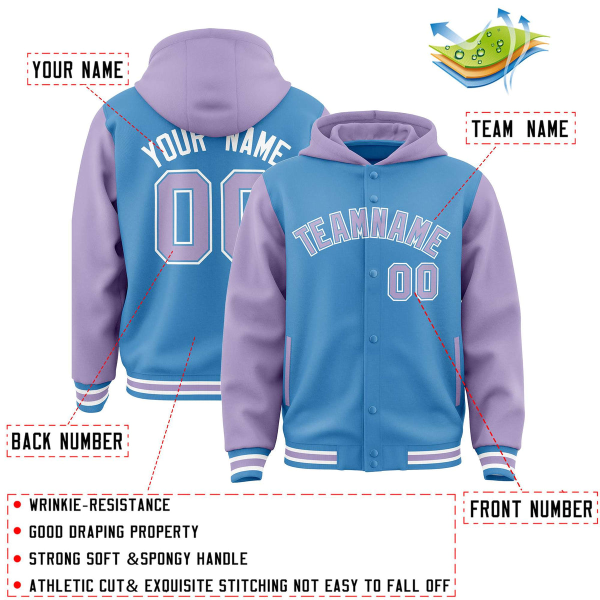 Custom Powder Blue Light Purple Raglan Sleeves Varsity Full-Snap Letterman Two Tone Jacket Hoodie| KXKSHOP