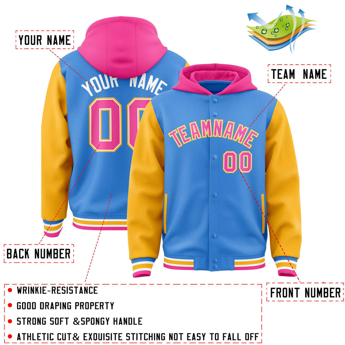 Custom Powder Blue Gold-Pink Raglan Sleeves Varsity Full-Snap Letterman Two Tone Jacket Hoodie| KXKSHOP