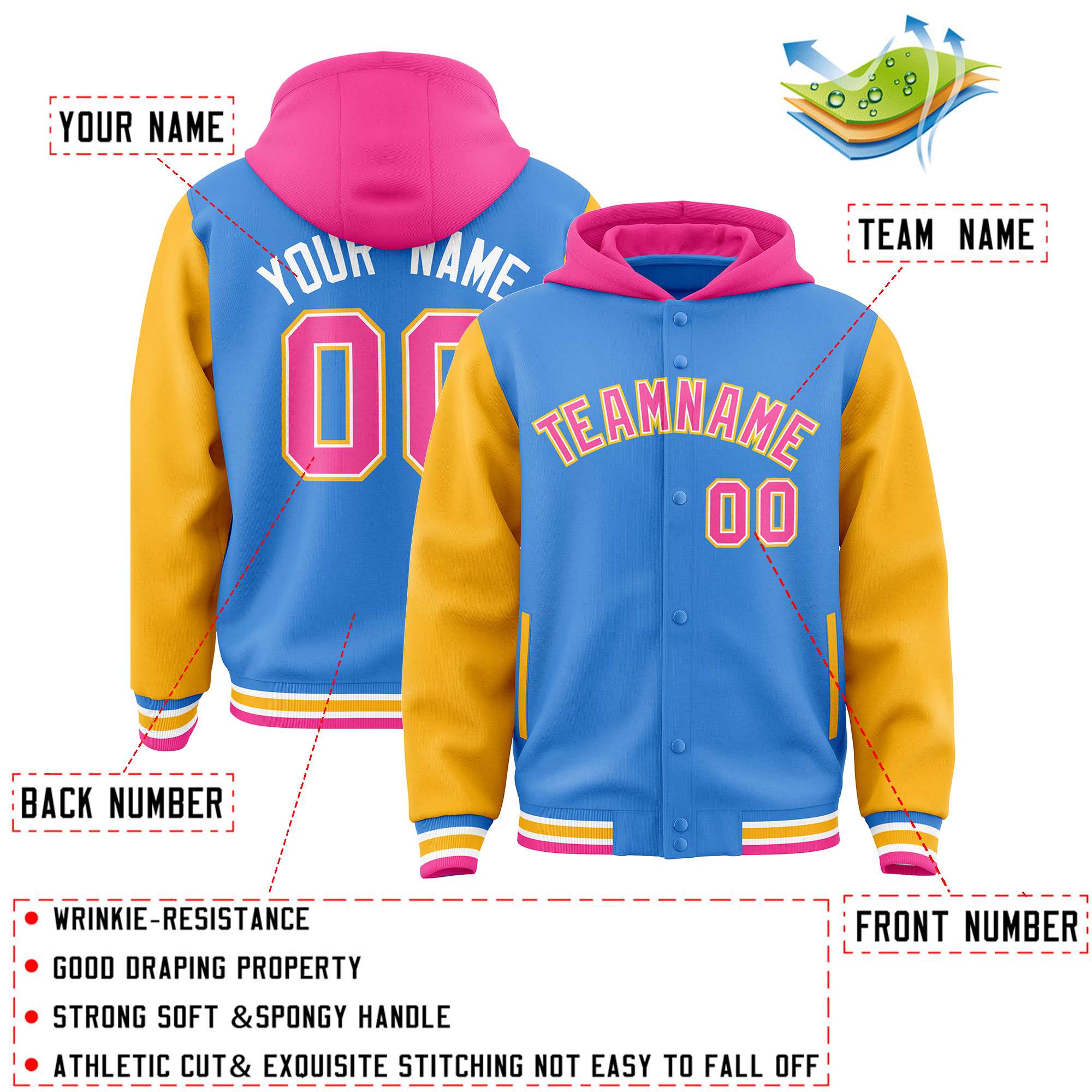 Custom Powder Blue Gold-Pink Raglan Sleeves Varsity Full-Snap Letterman Two Tone Jacket Hoodie| KXKSHOP