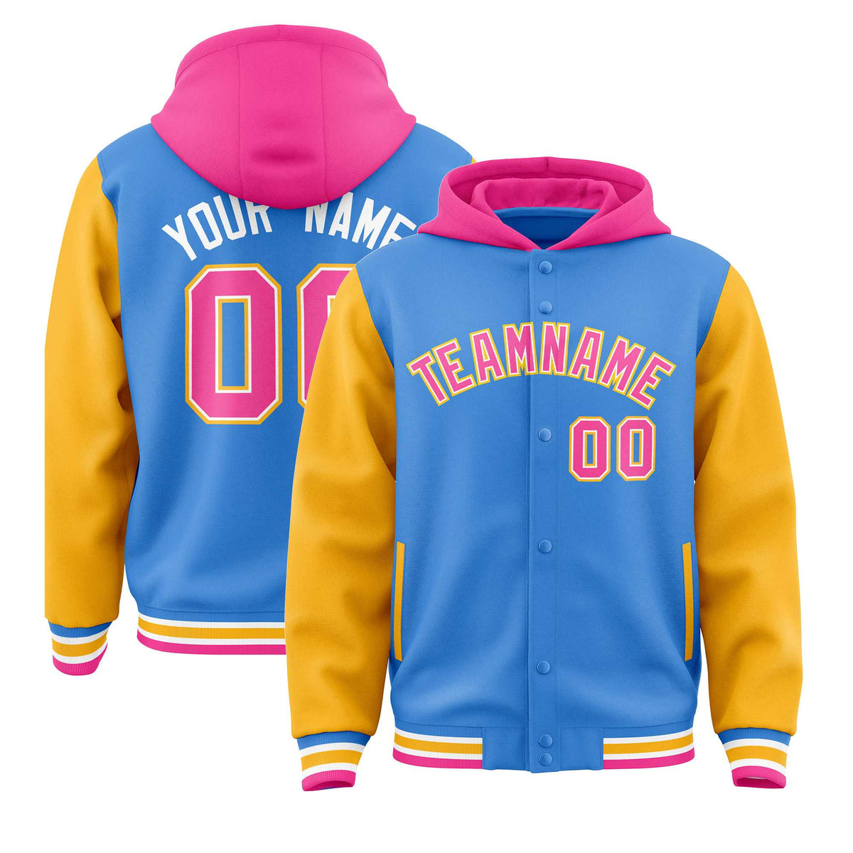 Custom Powder Blue Gold-Pink Raglan Sleeves Varsity Full-Snap Letterman Two Tone Jacket Hoodie| KXKSHOP
