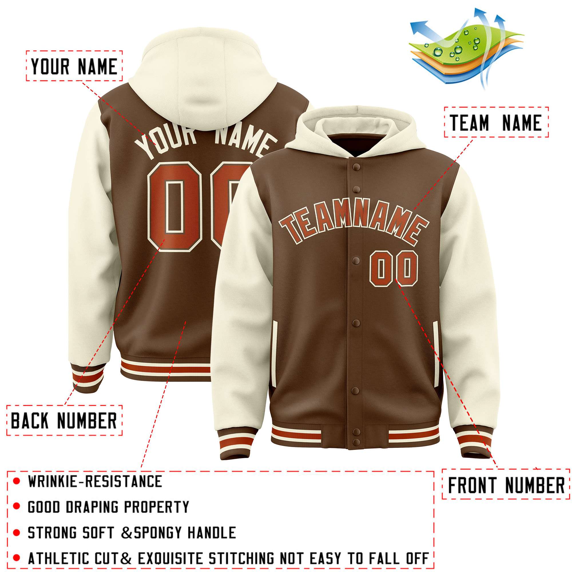 Custom Light Brown Cream Raglan Sleeves Varsity Full-Snap Letterman Two Tone Jacket Hoodie| KXKSHOP