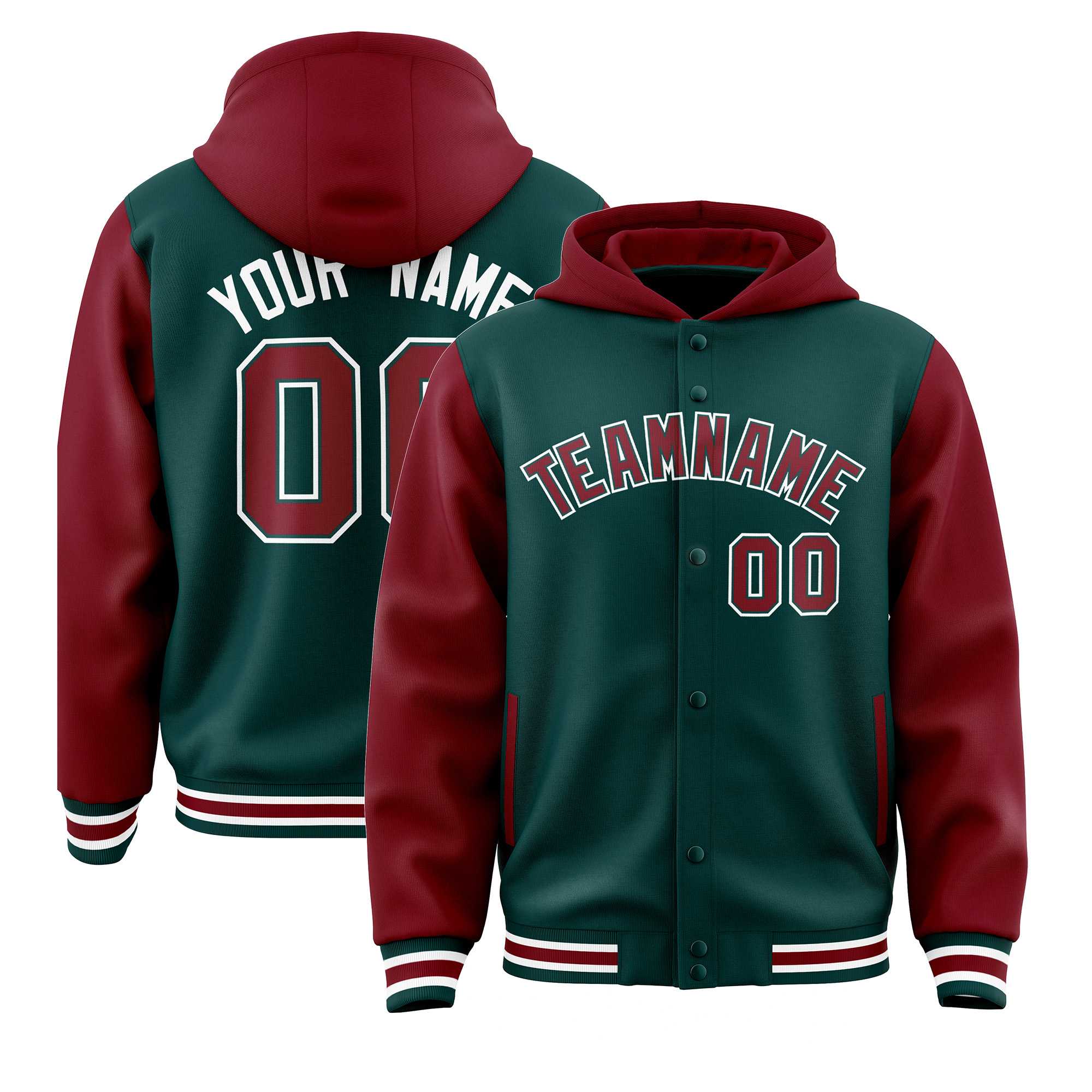 Custom Midnight Green Crimson Raglan Sleeves Varsity Full-Snap Letterman Two Tone Jacket Hoodie| KXKSHOP