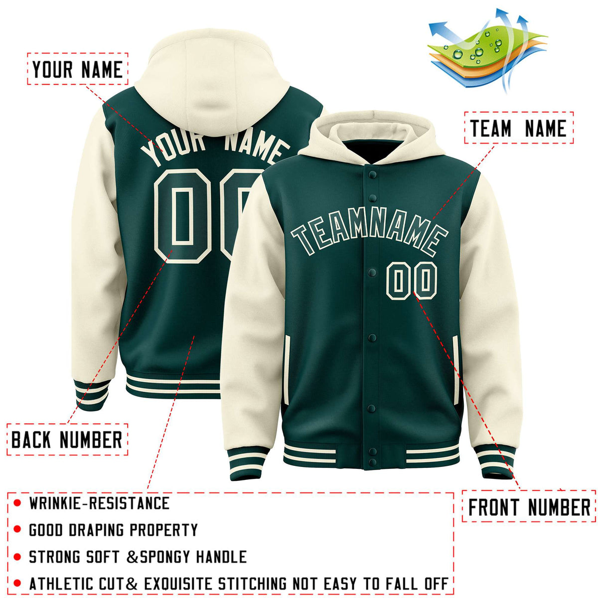 Custom Midnight Green Cream Raglan Sleeves Varsity Full-Snap Letterman Two Tone Jacket Hoodie| KXKSHOP