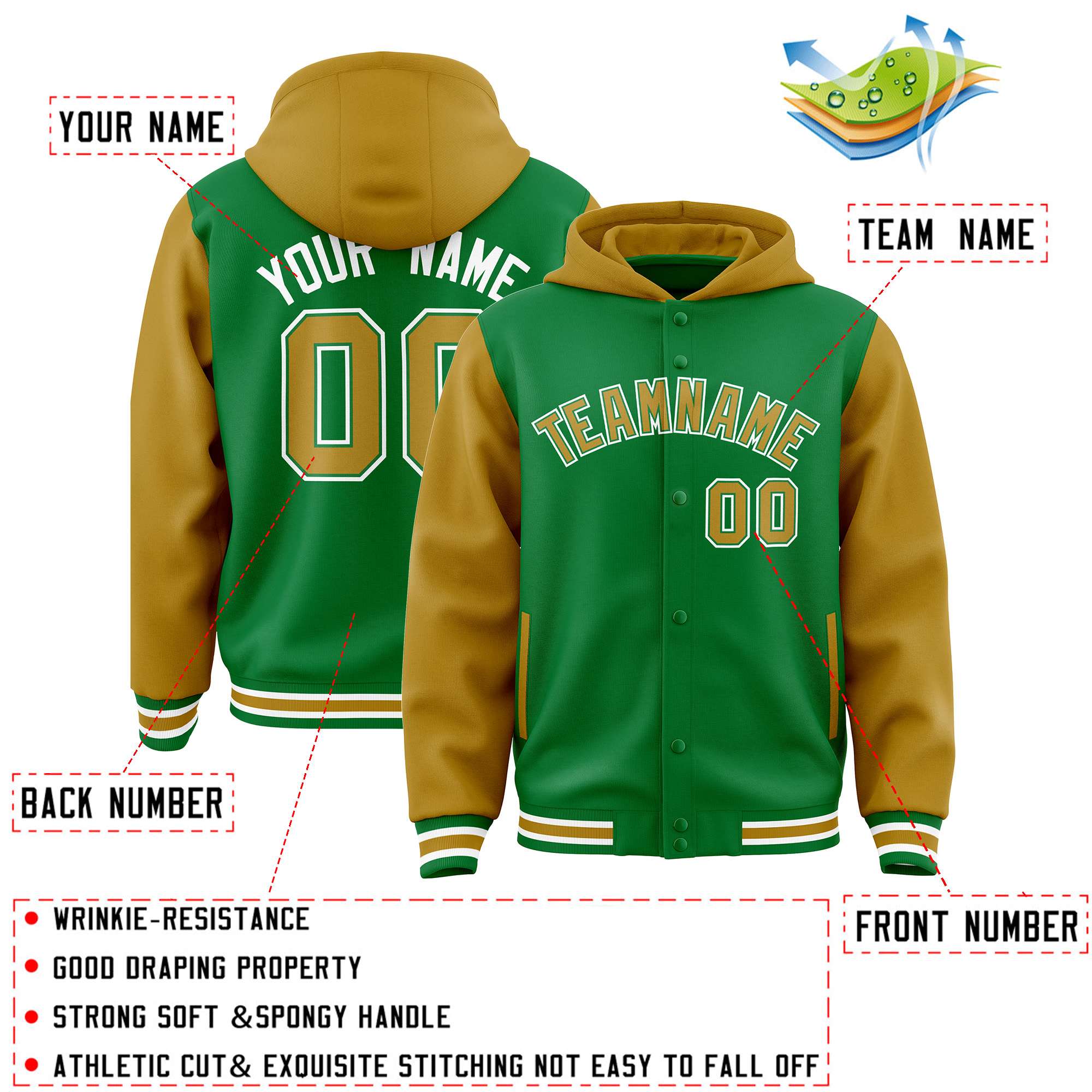 Custom Kelly Green Old Gold Raglan Sleeves Varsity Full-Snap Letterman Two Tone Jacket Hoodie| KXKSHOP