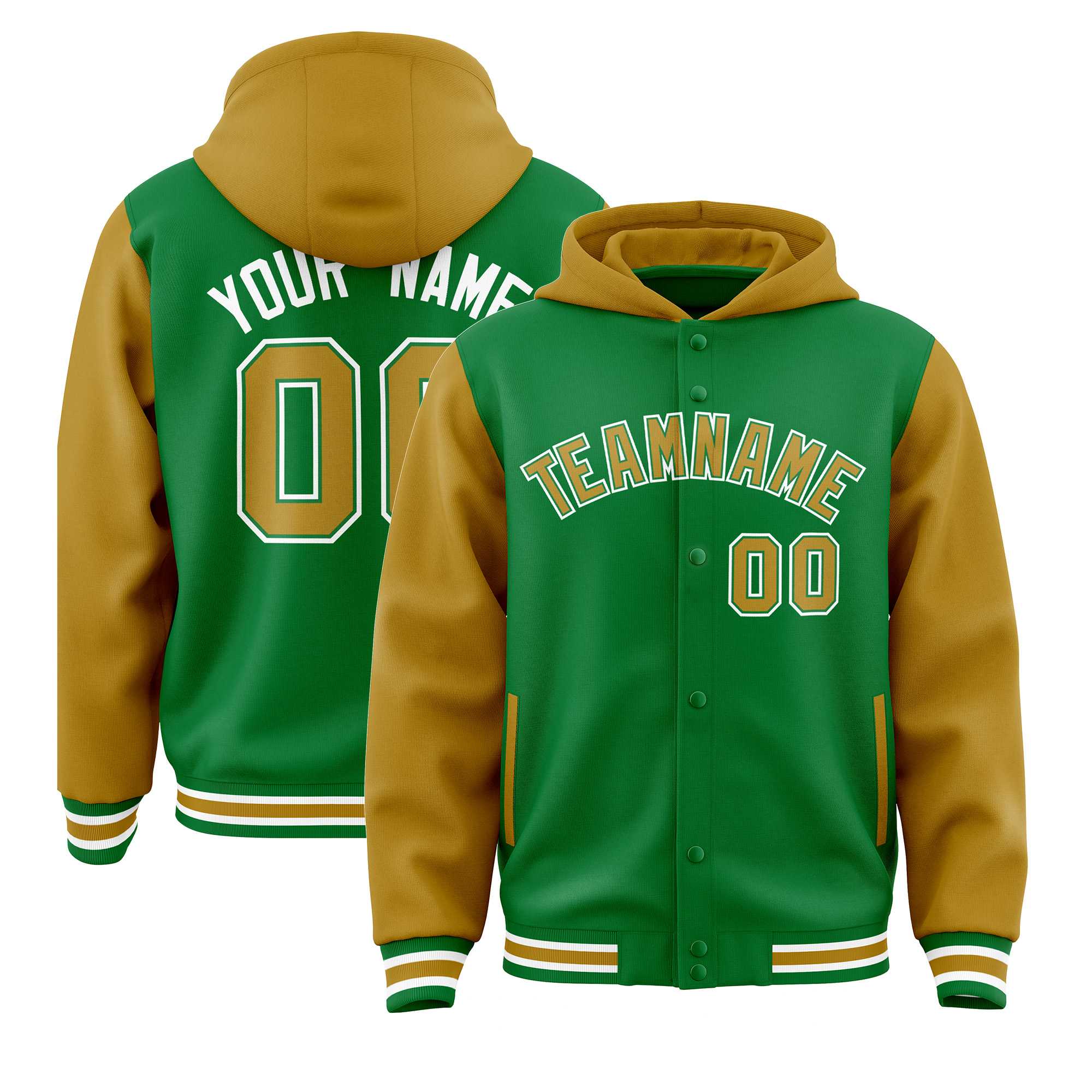 Custom Kelly Green Old Gold Raglan Sleeves Varsity Full-Snap Letterman Two Tone Jacket Hoodie| KXKSHOP