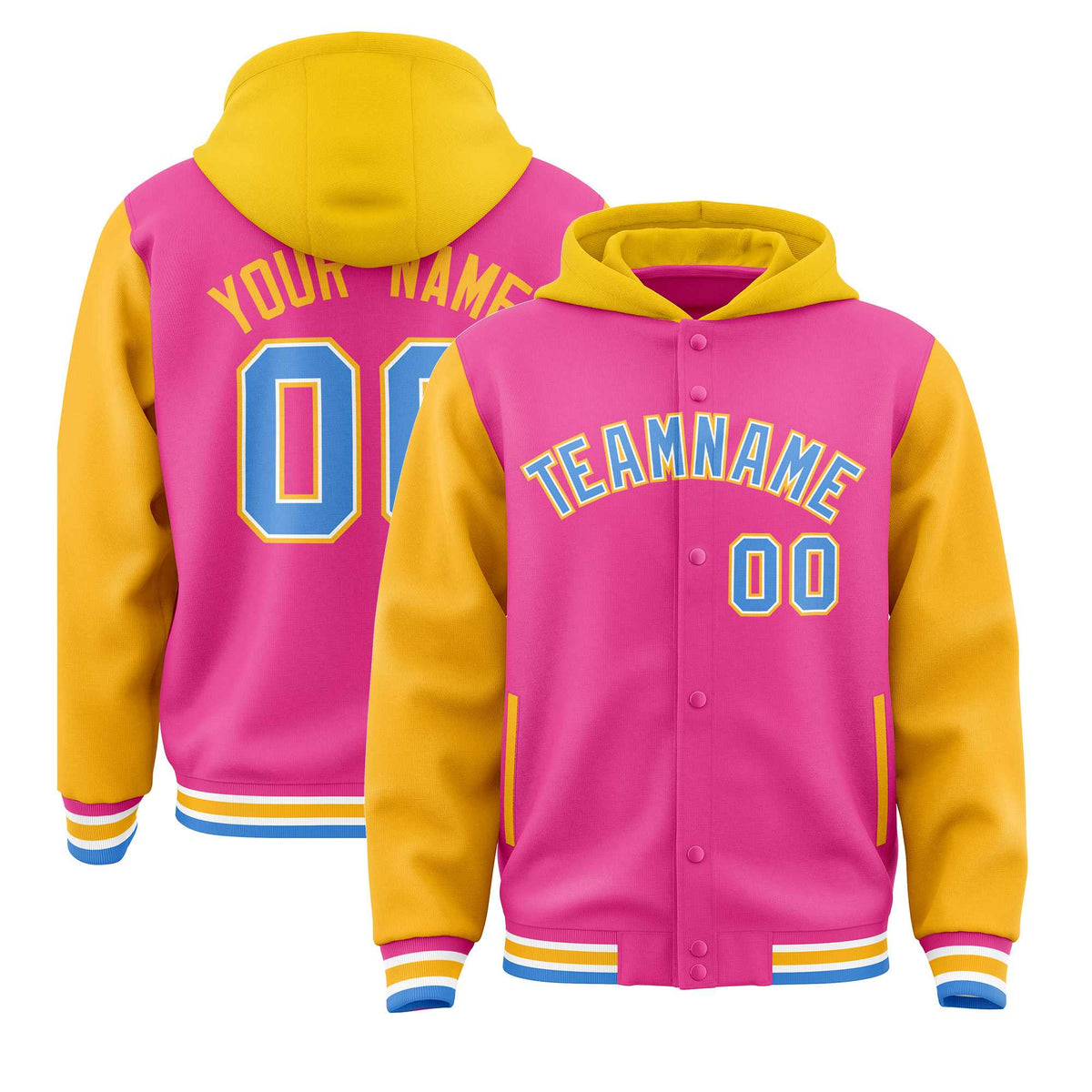 Custom Pink Gold Raglan Sleeves Varsity Full-Snap Letterman Two Tone Jacket Hoodie| KXKSHOP