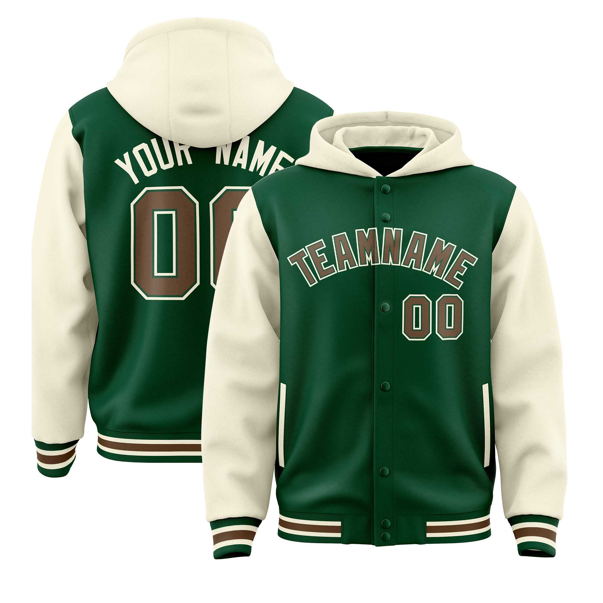 Custom Green Cream Raglan Sleeves Varsity Full-Snap Letterman Two Tone Jacket Hoodie| KXKSHOP