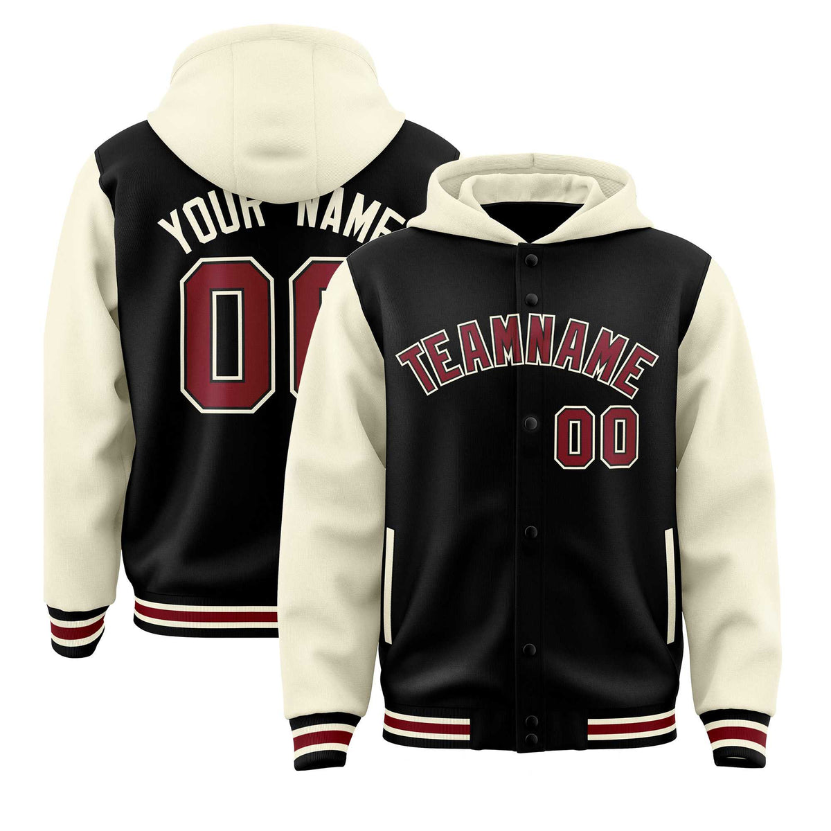 Custom Black Cream Raglan Sleeves Varsity Full-Snap Letterman Two Tone Jacket Hoodie| KXKSHOP