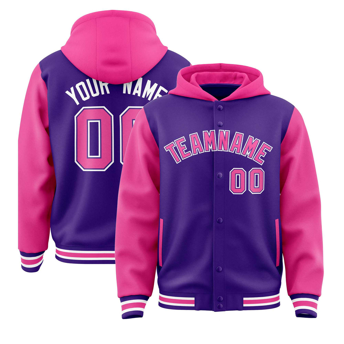 Custom Purple Pink Raglan Sleeves Varsity Full-Snap Letterman Two Tone Jacket Hoodie| KXKSHOP