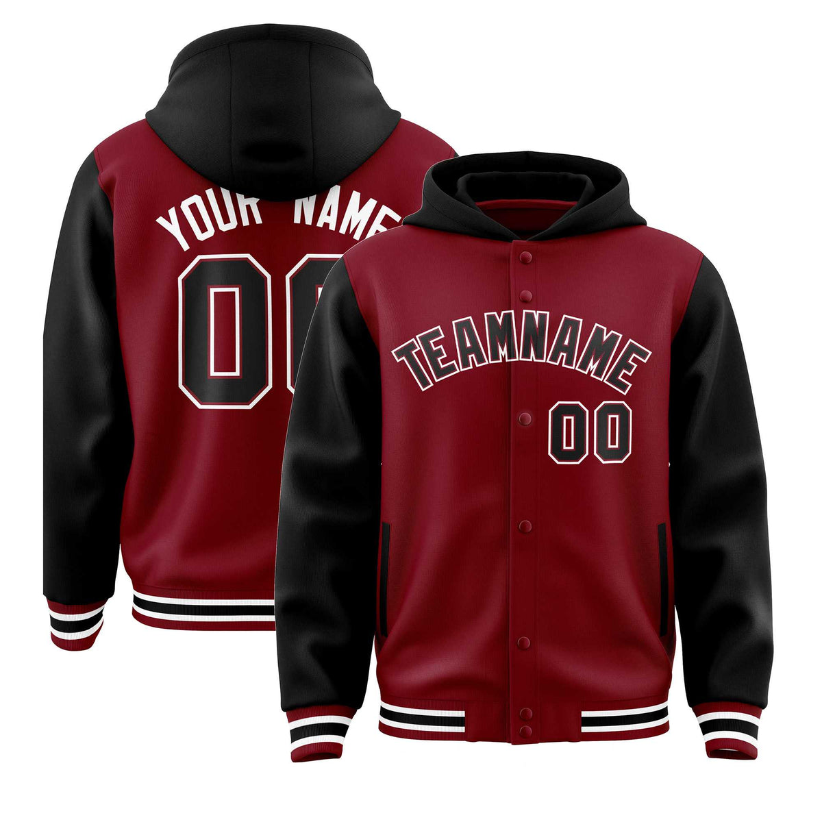 Custom Crimson Black Raglan Sleeves Varsity Full-Snap Letterman Two Tone Jacket Hoodie| KXKSHOP