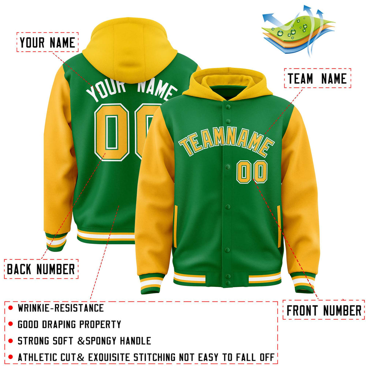 Custom Kelly Green Gold Raglan Sleeves Varsity Full-Snap Letterman Two Tone Jacket Hoodie| KXKSHOP