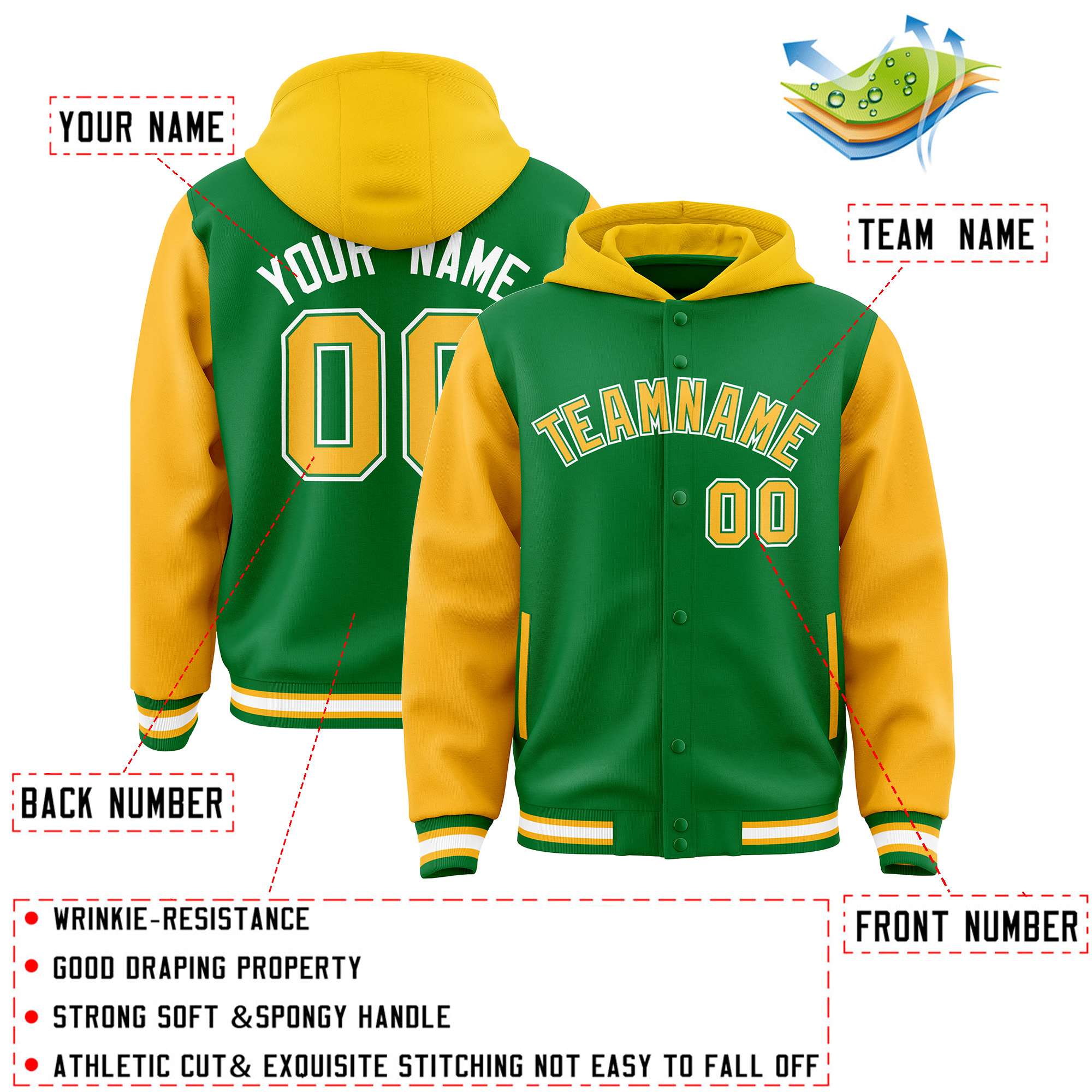 Custom Kelly Green Gold Raglan Sleeves Varsity Full-Snap Letterman Two Tone Jacket Hoodie| KXKSHOP