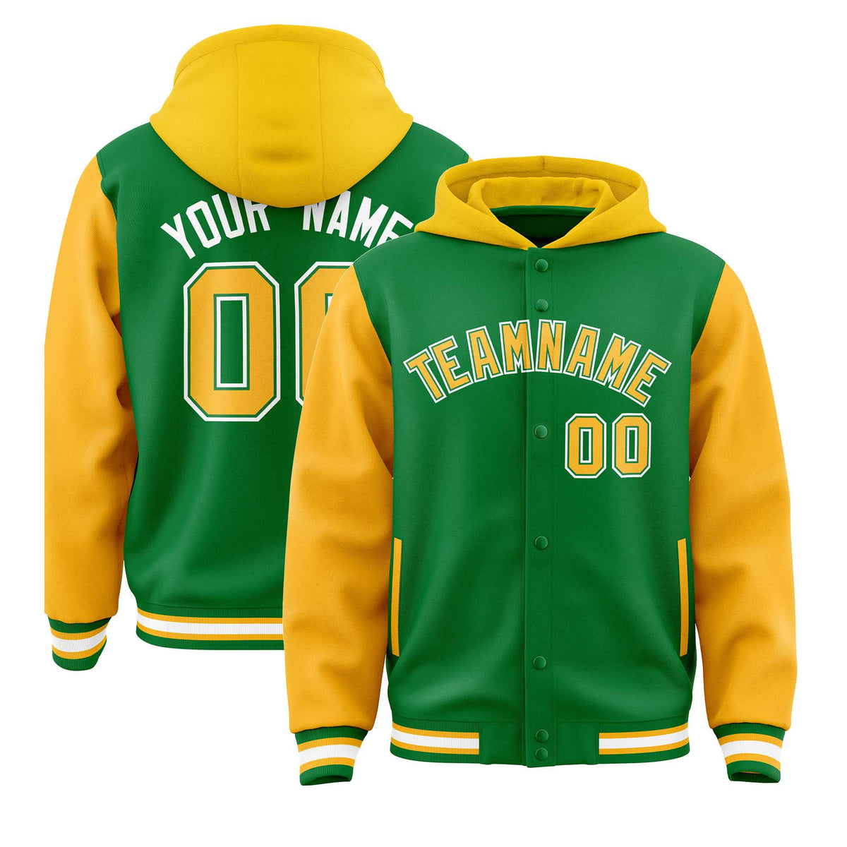 Custom Kelly Green Gold Raglan Sleeves Varsity Full-Snap Letterman Two Tone Jacket Hoodie| KXKSHOP