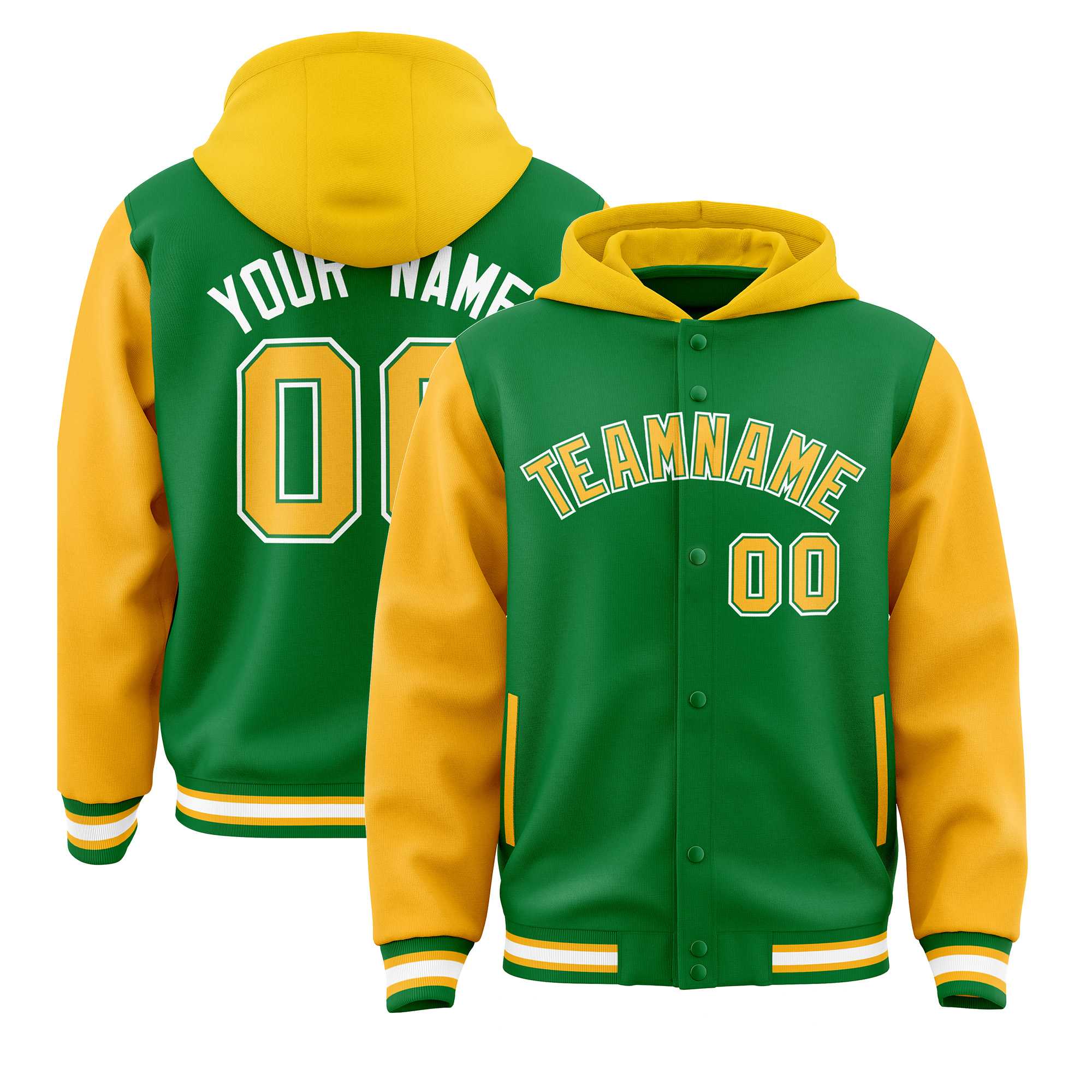 Custom Kelly Green Gold Raglan Sleeves Varsity Full-Snap Letterman Two Tone Jacket Hoodie| KXKSHOP