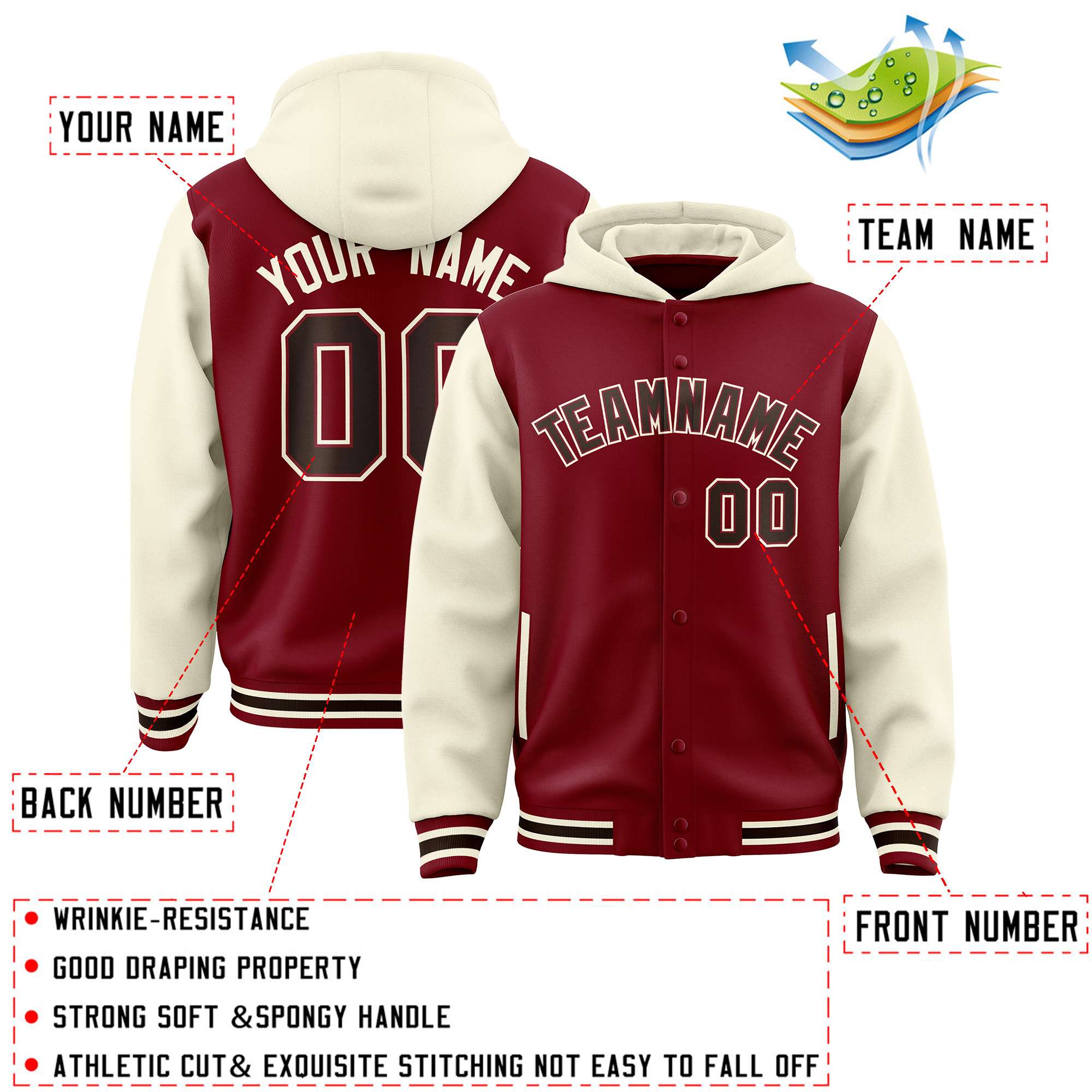 Custom Crimson Cream Raglan Sleeves Varsity Full-Snap Letterman Two Tone Jacket Hoodie| KXKSHOP