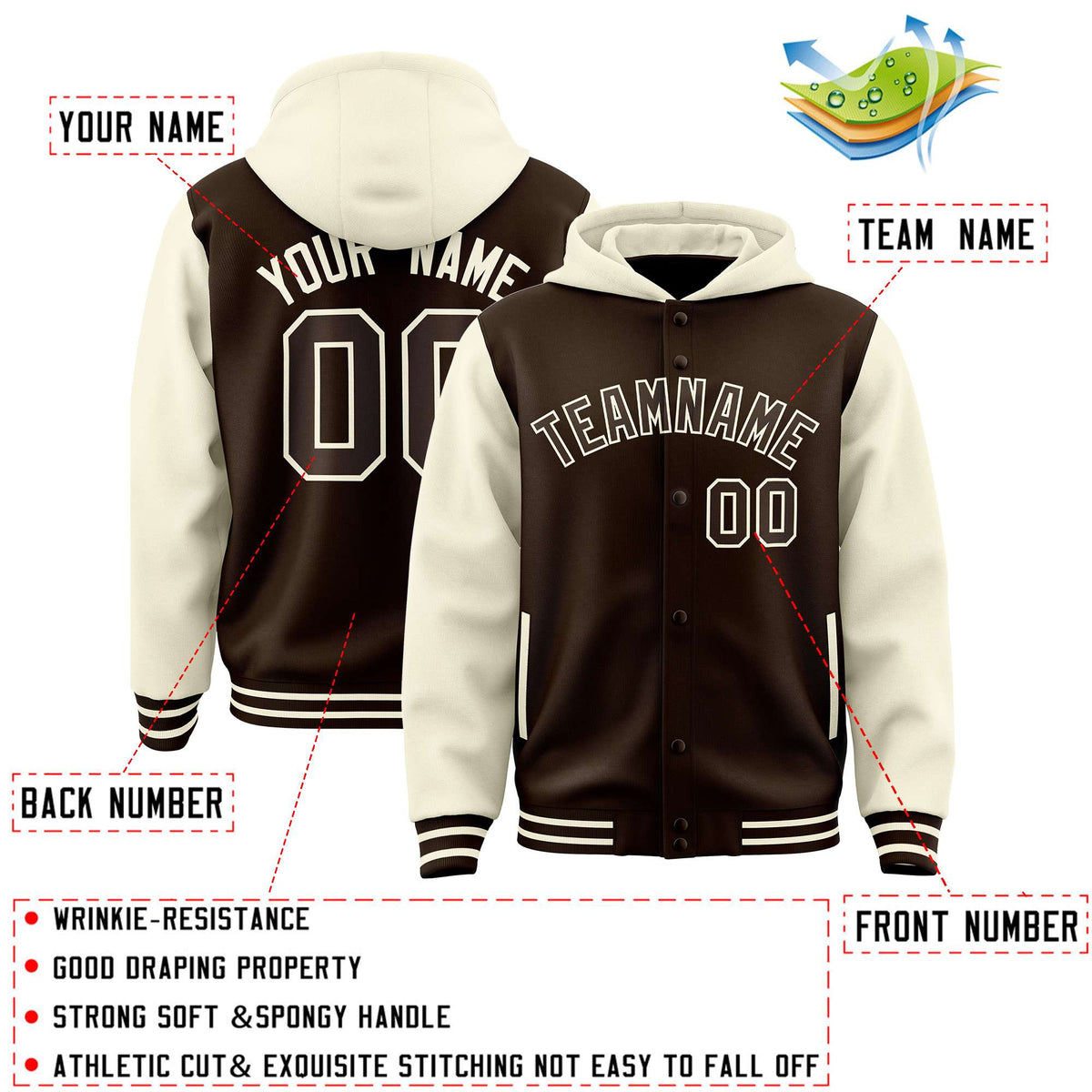 Custom Brown Cream Raglan Sleeves Varsity Full-Snap Letterman Two Tone Jacket Hoodie| KXKSHOP