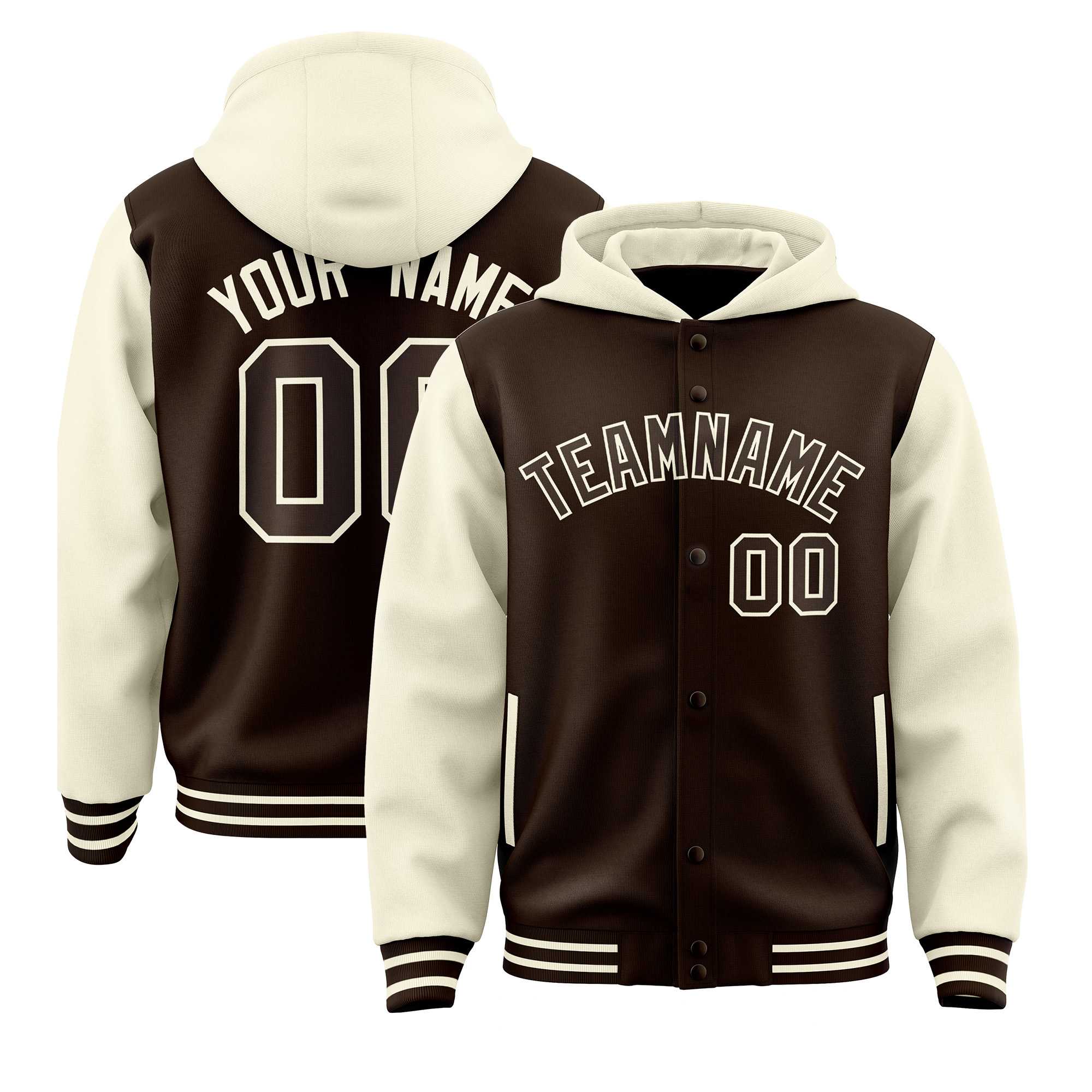Custom Brown Cream Raglan Sleeves Varsity Full-Snap Letterman Two Tone Jacket Hoodie| KXKSHOP