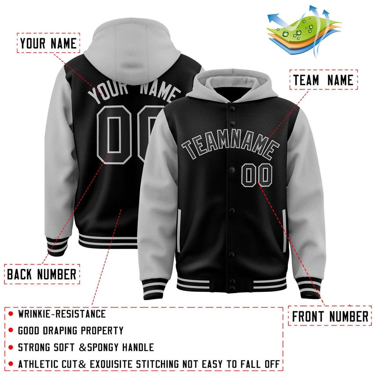 Custom Black Gray Raglan Sleeves Varsity Full-Snap Letterman Two Tone Jacket Hoodie| KXKSHOP