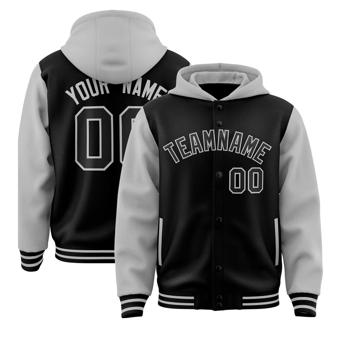 Custom Black Gray Raglan Sleeves Varsity Full-Snap Letterman Two Tone Jacket Hoodie| KXKSHOP