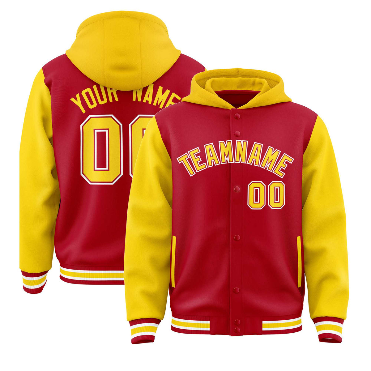 Custom Red Gold Raglan Sleeves Varsity Full-Snap Letterman Two Tone Jacket Hoodie| KXKSHOP