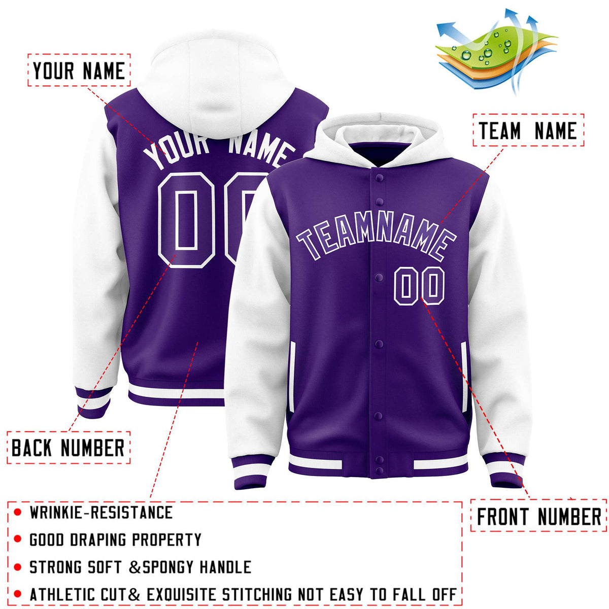 Custom Purple White Raglan Sleeves Varsity Full-Snap Letterman Two Tone Jacket Hoodie| KXKSHOP