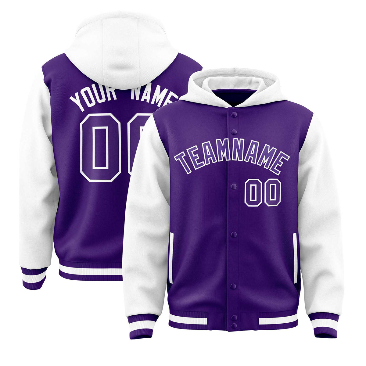 Custom Purple White Raglan Sleeves Varsity Full-Snap Letterman Two Tone Jacket Hoodie| KXKSHOP