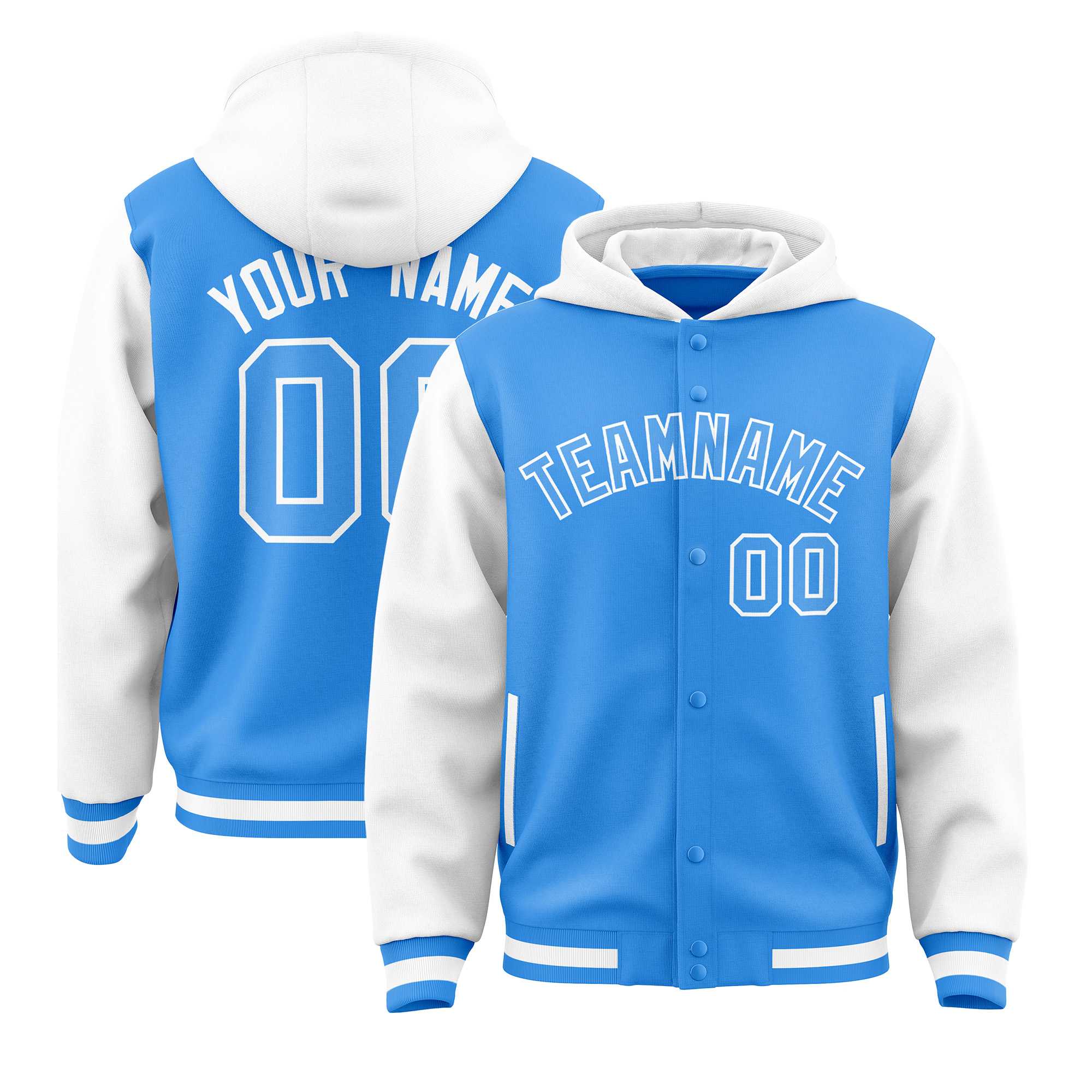 Custom Powder Blue White Raglan Sleeves Varsity Full-Snap Letterman Two Tone Jacket Hoodie| KXKSHOP
