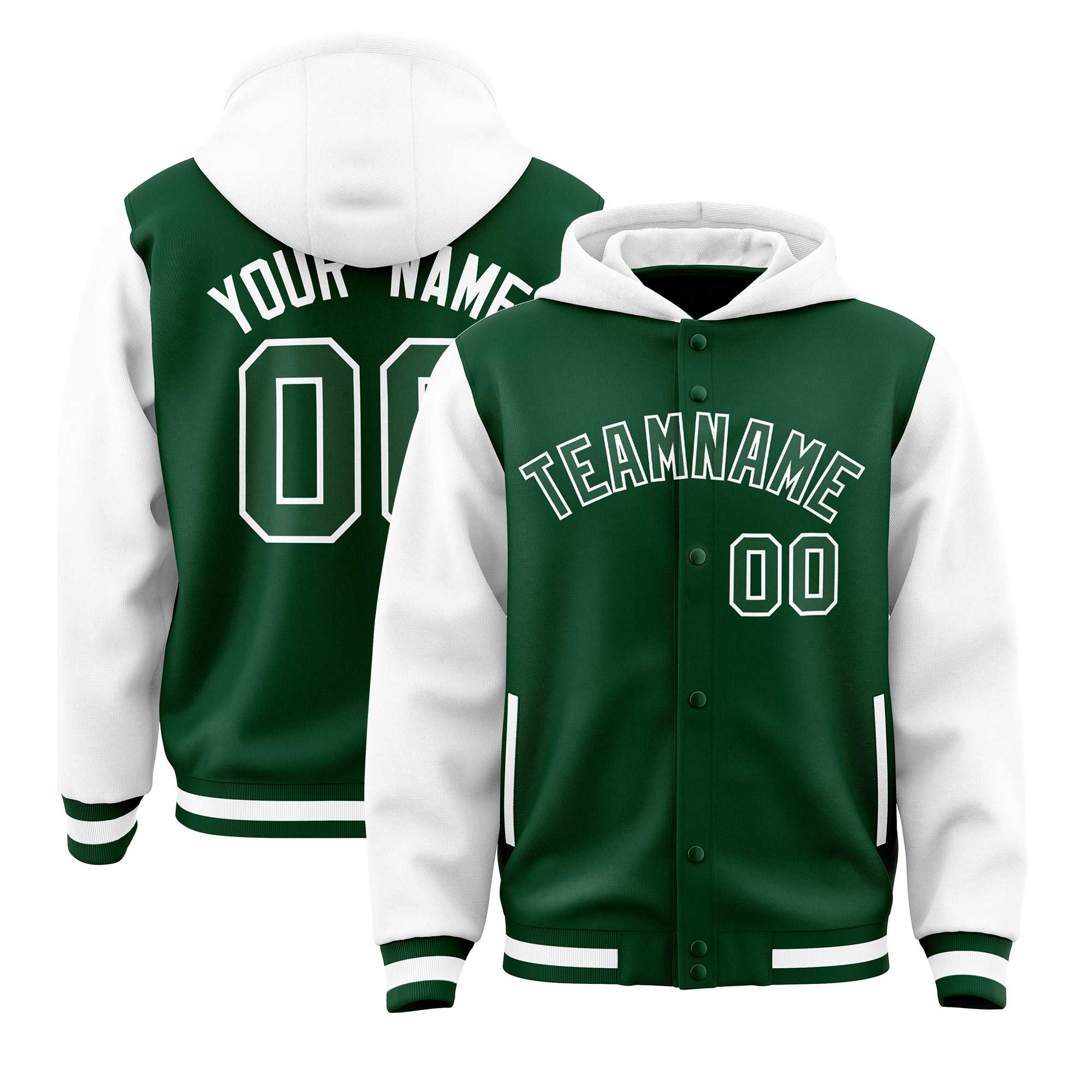 Custom Green White Raglan Sleeves Varsity Full-Snap Letterman Two Tone Jacket Hoodie| KXKSHOP
