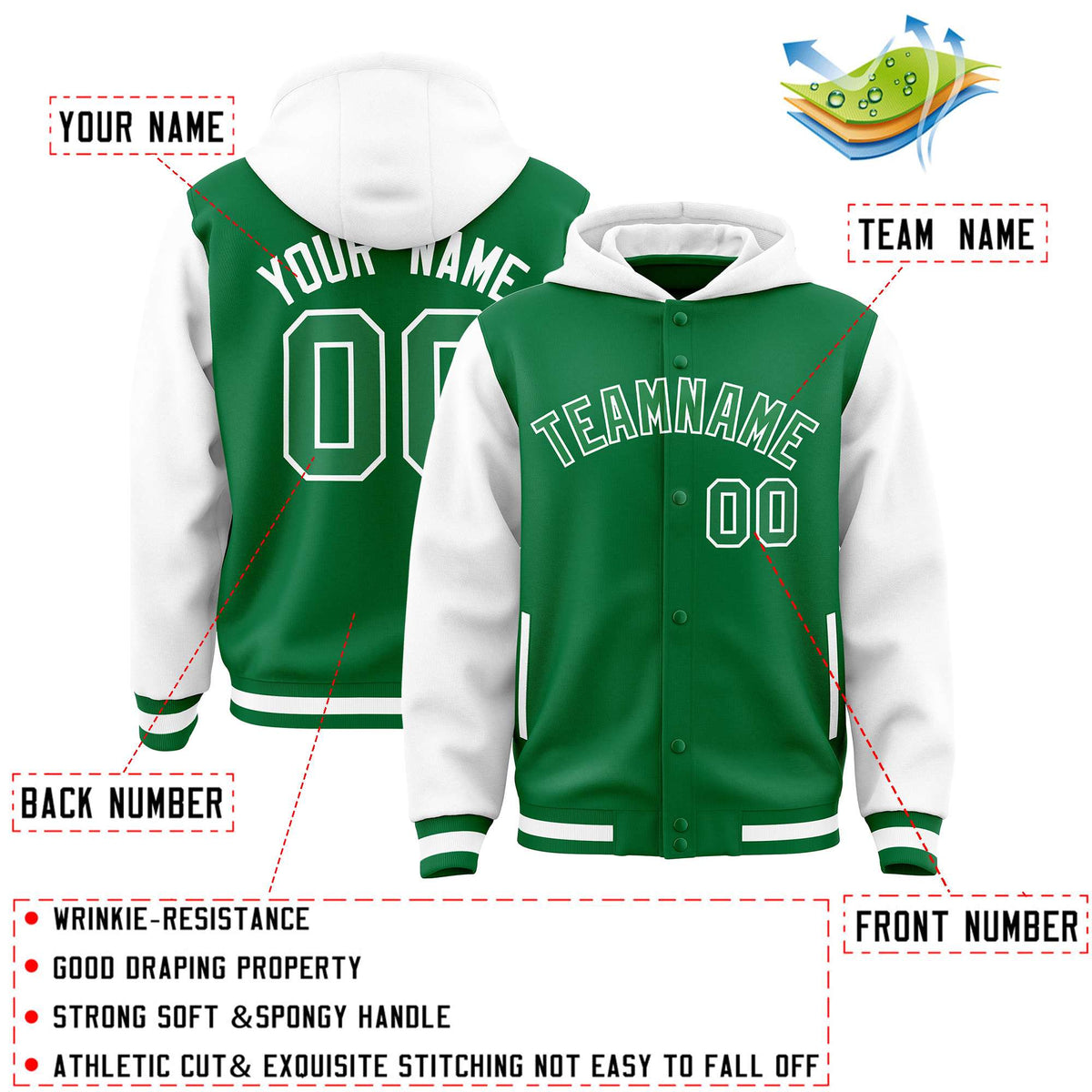 Custom Kelly Green White Raglan Sleeves Varsity Full-Snap Letterman Two Tone Jacket Hoodie| KXKSHOP