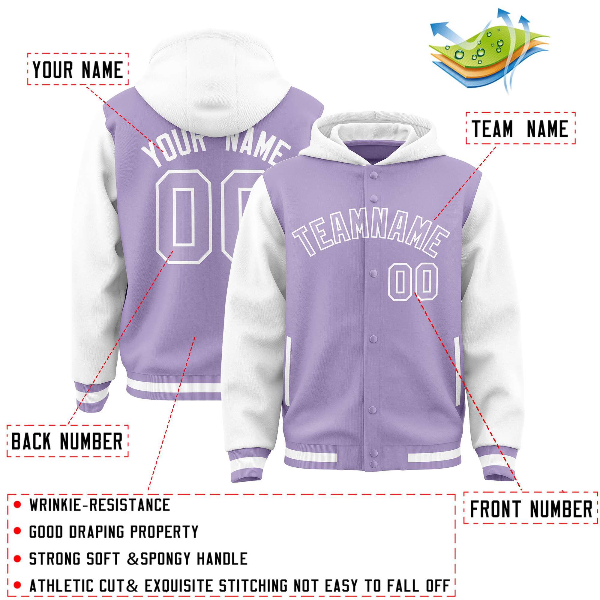 Custom Light Purple White Raglan Sleeves Varsity Full-Snap Letterman Two Tone Jacket Hoodie| KXKSHOP